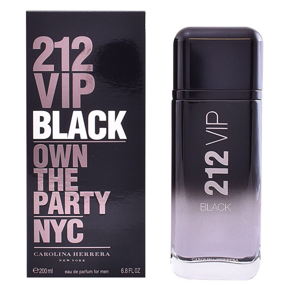 Flacon et boîte noirs. Inscription : 212 VIP BLACK, Carolina Herrera. Flacon avec dégradé de couleurs.