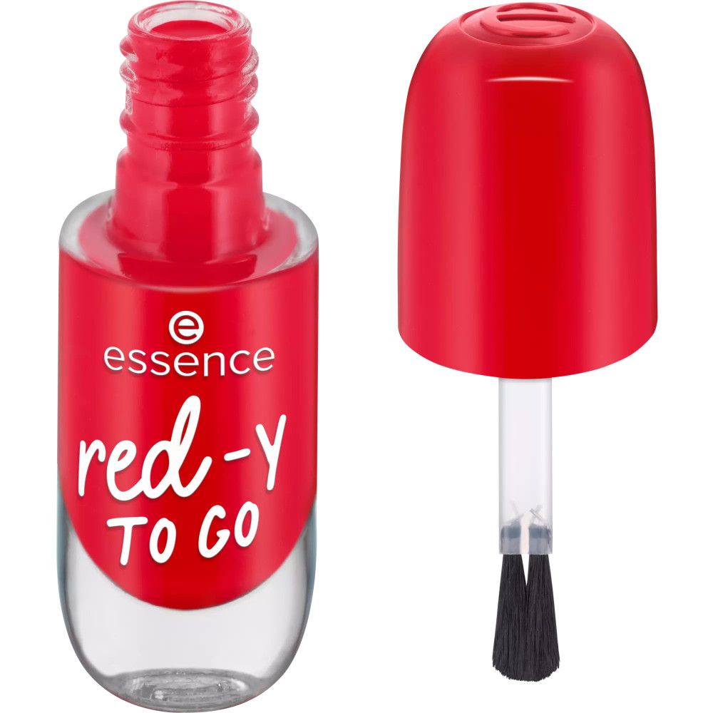 Flacon de vernis à ongles avec bouchon rouge et pinceau. Marque Essence, texte 'red-y TO GO'.