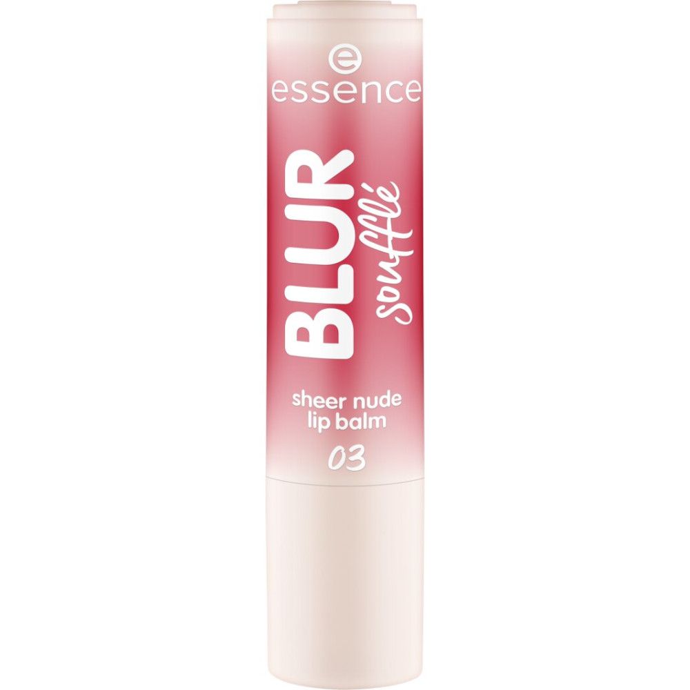 Een lippenbalsem met de tekst 'Essence Blur Soufflé Sheer Nude 03' op een roze etiket.