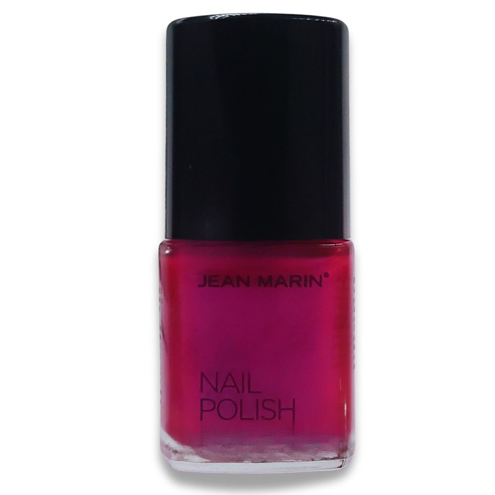 Flacon de vernis à ongles Jean Marin. Vernis rose dans un flacon en verre transparent avec bouchon noir. Inscription 'Nail Polish'.