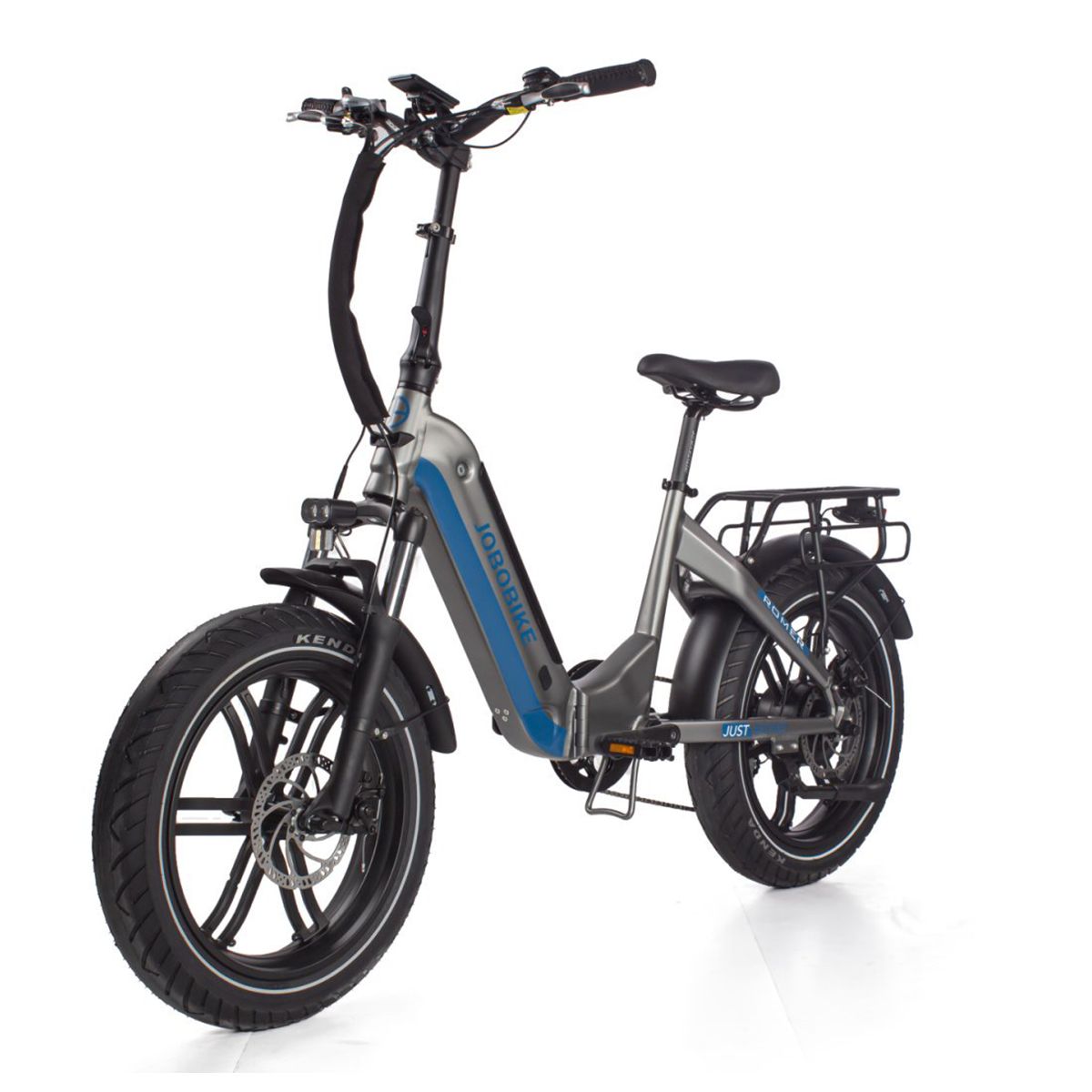 Grijs-blauwe opvouwbare e-bike. Zwarte banden, bagagedrager, zadel. JOBOBIKE-logo.