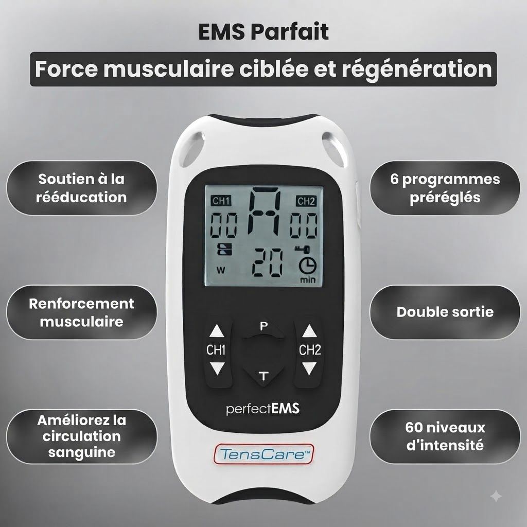 Un appareil EMS blanc avec écran et boutons noirs. Affiche 'F1', '00', '20 Min'. Nommé 'perfectEMS' et 'TensCare'.