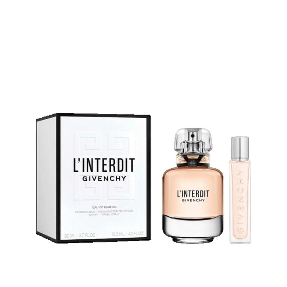 Geschenkset met fles, verstuiver en doos. Fles met opschrift L'Interdit Givenchy. Doos met logo en opschrift L'Interdit.