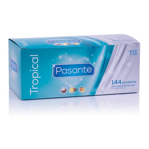 Boîte de préservatifs Pasante Tropical, 144 unités, colorés et aromatisés.