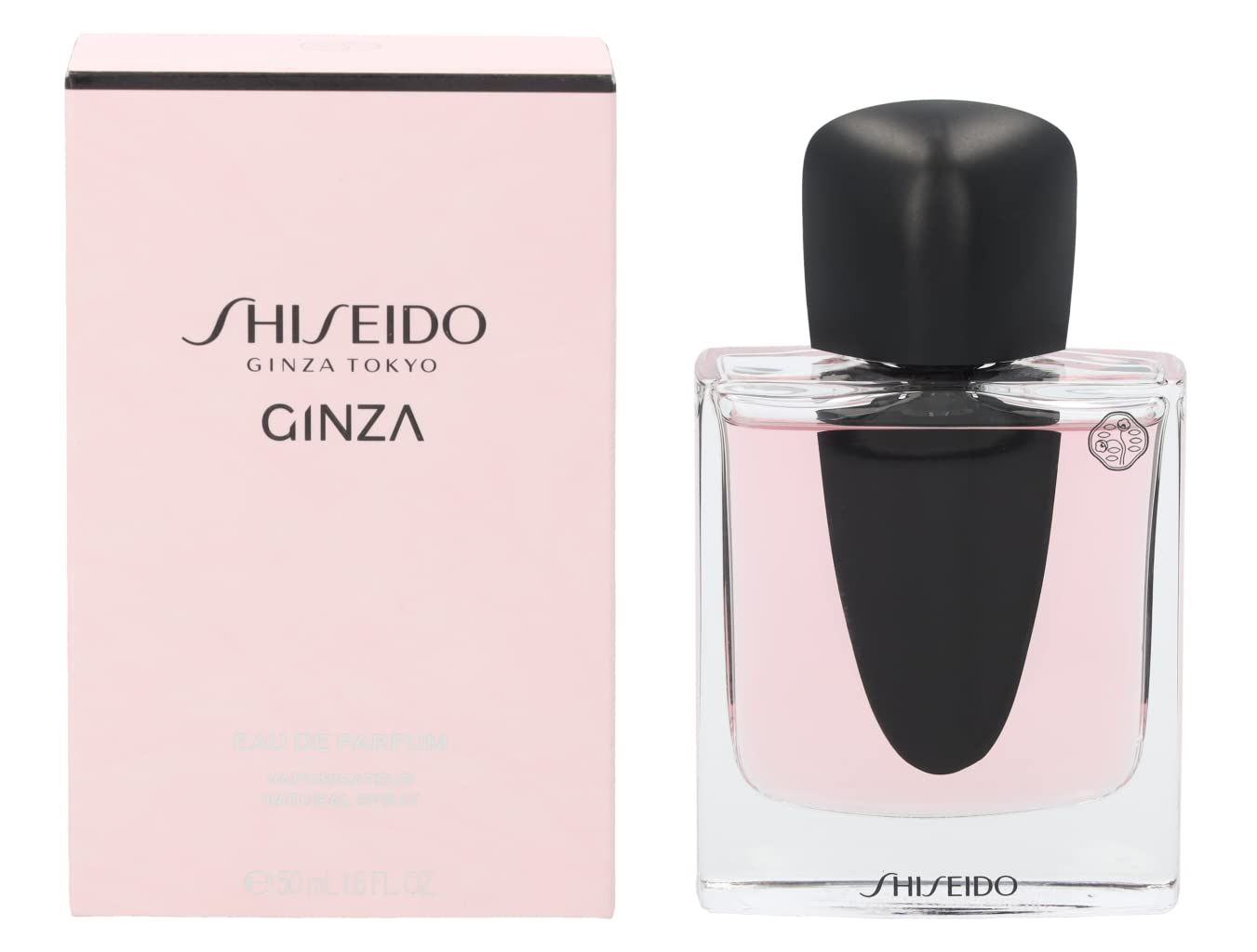 Flacon de parfum et boîte. Flacon avec bouchon noir, liquide rose. Boîte avec logo.