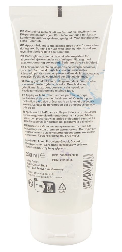 Achterkant van een tube glijmiddel. Tekst in meerdere talen. Ingrediënten, fabrikantinfo, lotnummer en houdbaarheidsdatum.