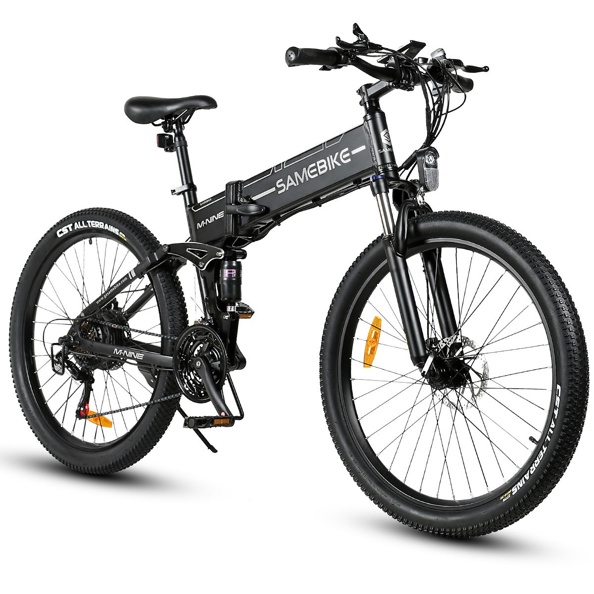Vélo électrique noir pliable. Roues, selle, guidon et batterie visibles. Marque SAMEBIKE.