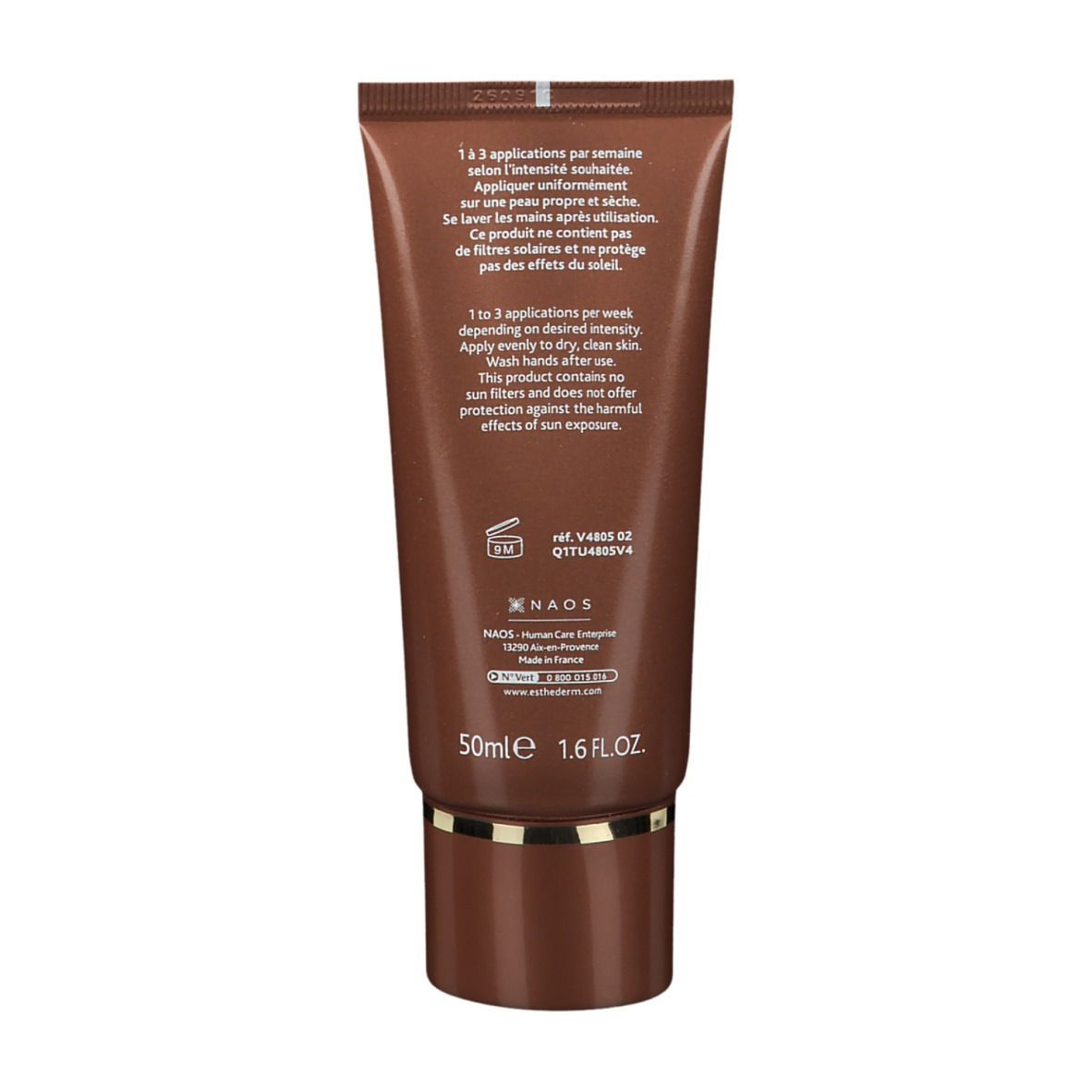 Achterkant tube. Tekst: 1 tot 3 toepassingen per week. Bevat geen zonnefilters. 50ml. 1.6 FL.OZ. NAOS logo.