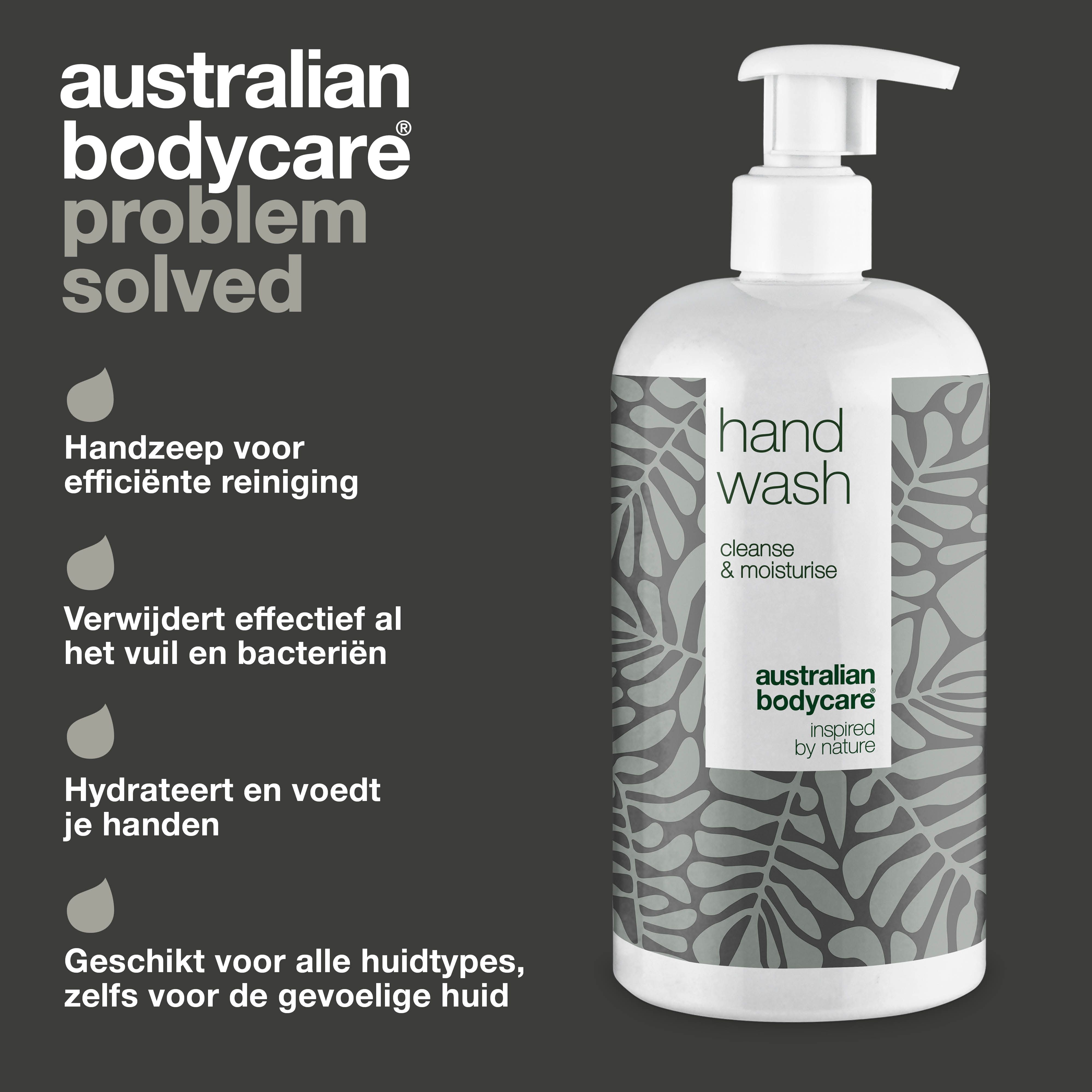Handzeepfles. Opschrift: Hand Wash, cleanse & moisturise. Logo: Australian Bodycare. Tekst: Handzeep voor efficiënte reiniging.