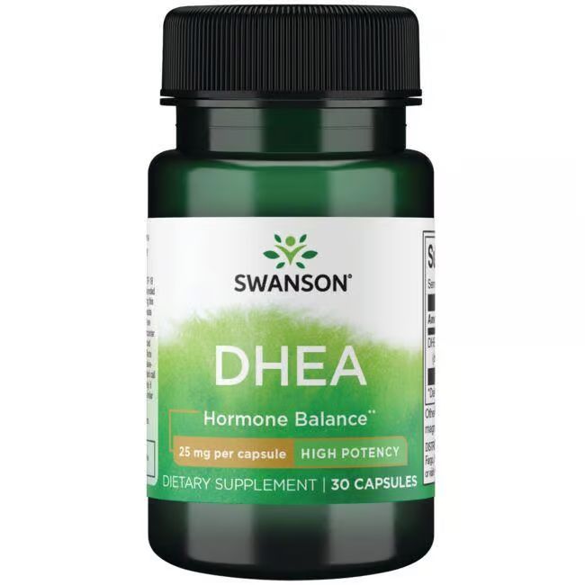 Groene fles met zwarte dop. Label met "SWANSON", "DHEA", "25 mg per capsule", "30 Capsules".