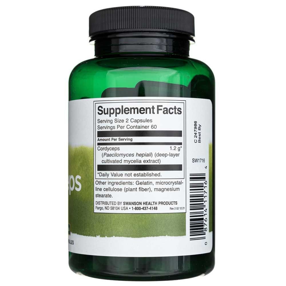 Arrière d'une bouteille verte avec les faits nutritionnels et ingrédients SWANSON Cordyceps.