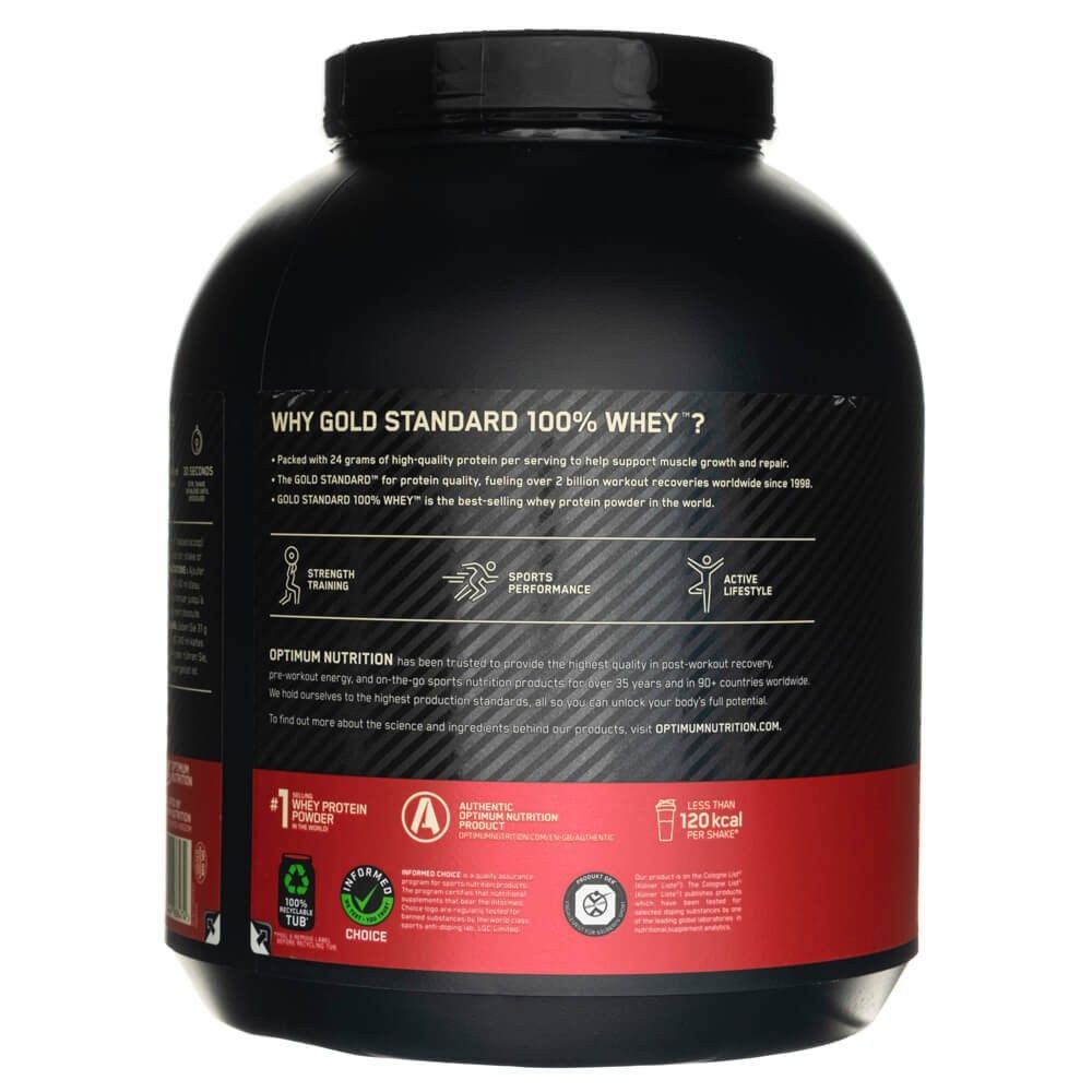 Achterkant van de Optimum Nutrition Gold Standard 100% Whey Proteïne pot met zegels en calorie-indicatie.