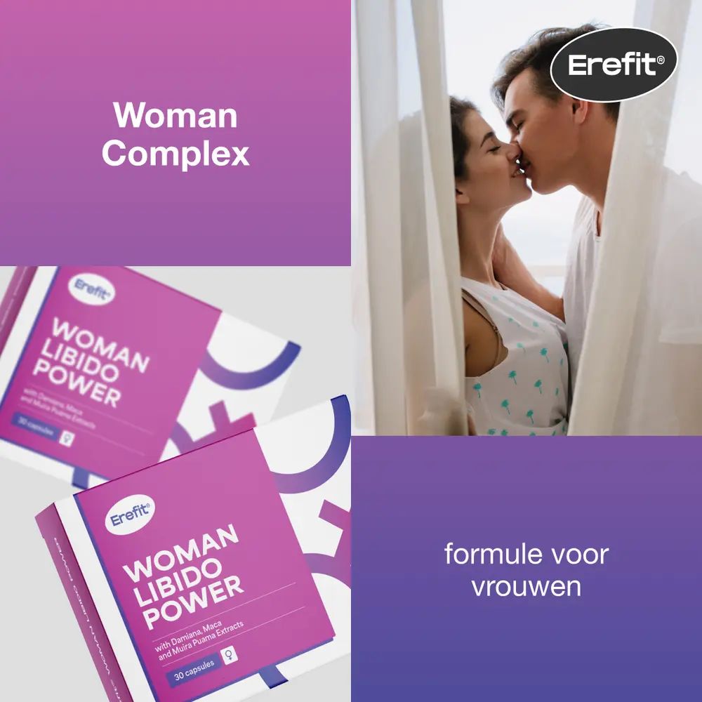 Twee verpakkingen Woman Libido Power. Koppel kust. Opschrift: Woman Complex, formule voor vrouwen. Logo: Erefit.
