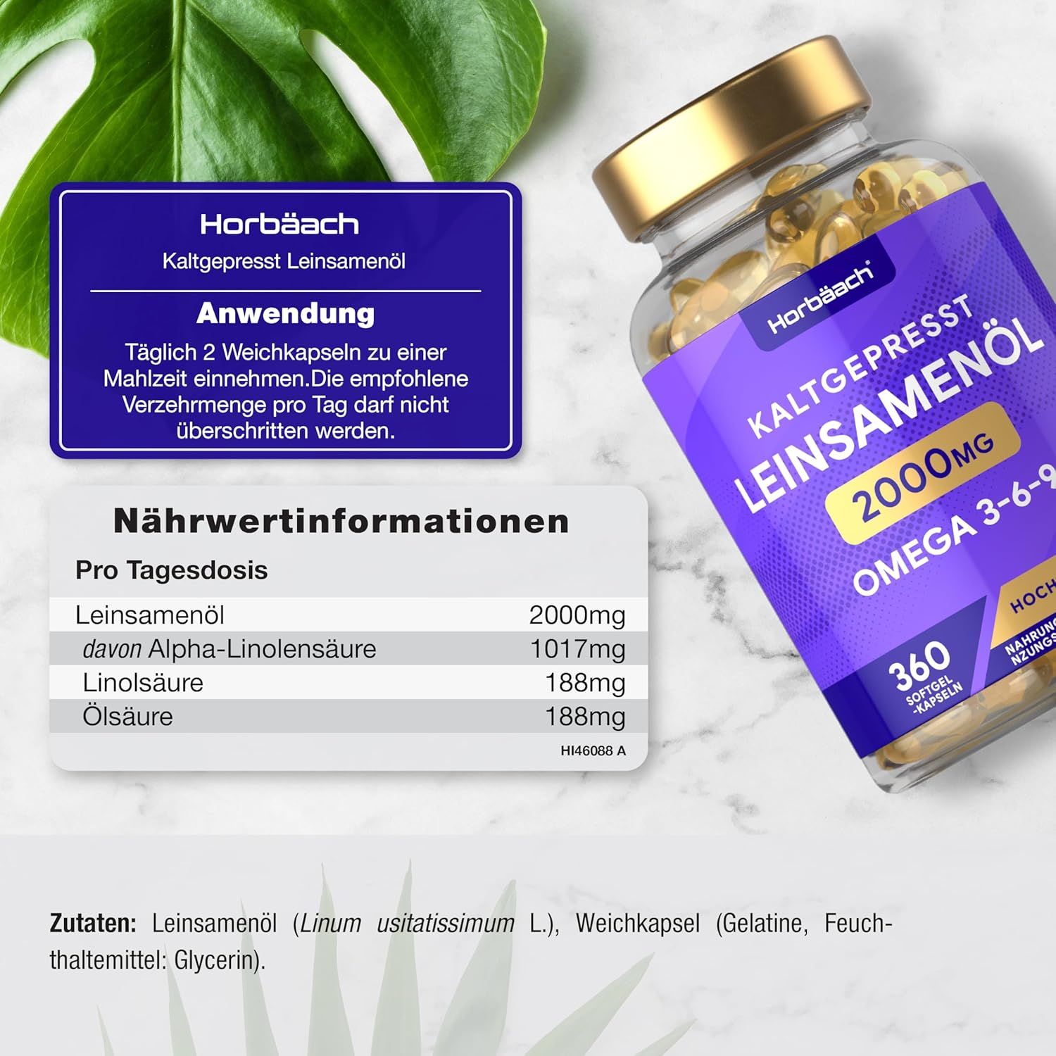Flesje capsules. Opschrift: Koudgeperste lijnzaadolie 2000mg Omega 3-6-9. 360 softgel capsules. Tekst met voedingswaarde.