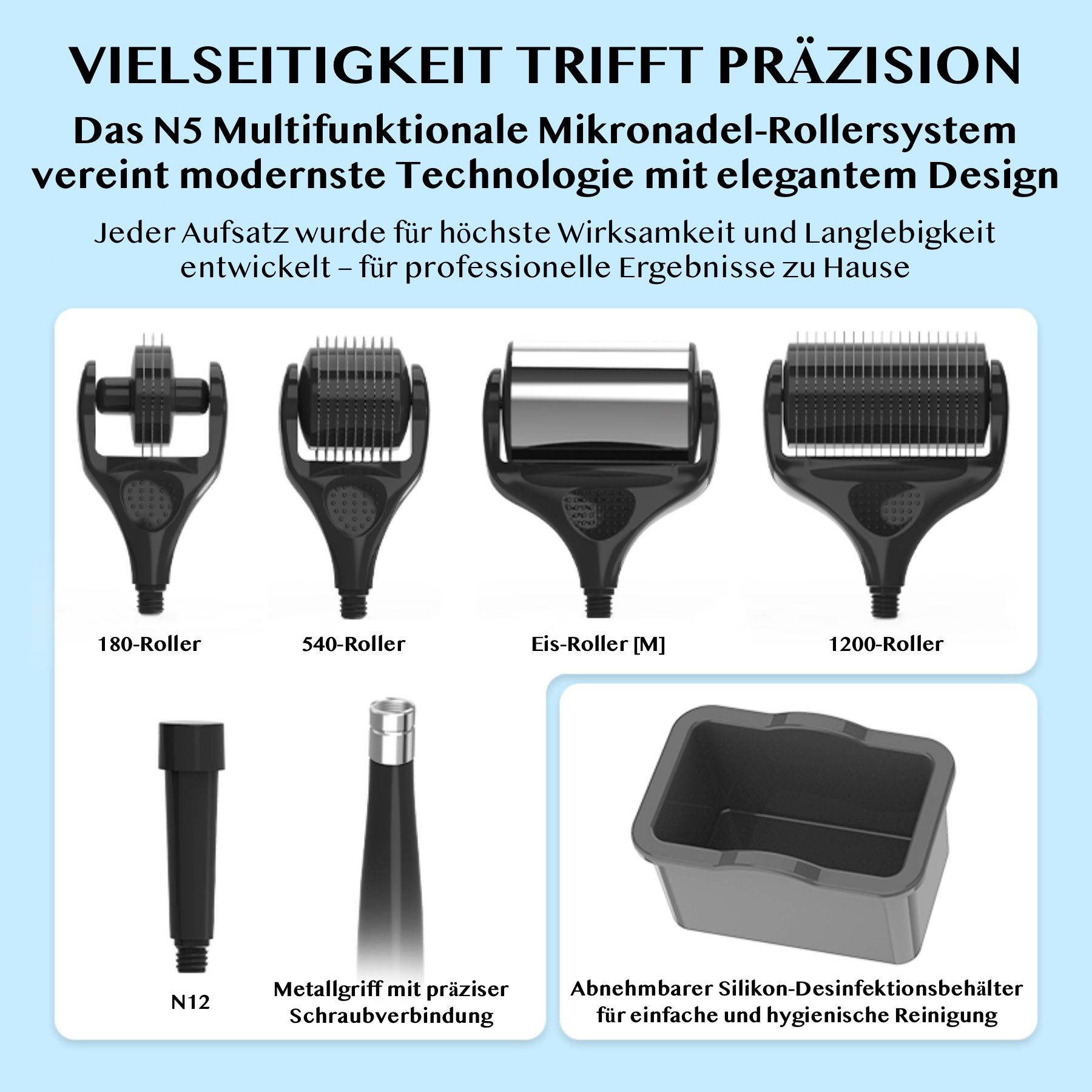 Multifunctioneel microneedling rollensysteem met diverse opzetstukken (180, 540, ijsroller, 1200), handvat N12 en desinfectiebakje.