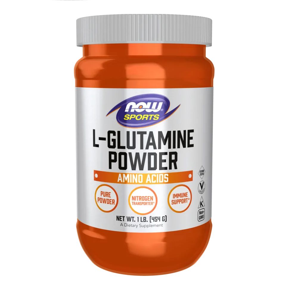 Pot orange avec couvercle blanc. Inscription : L-Glutamine Powder, Amino Acids, Now Sports. Poids net : 1 lb. (454 g).