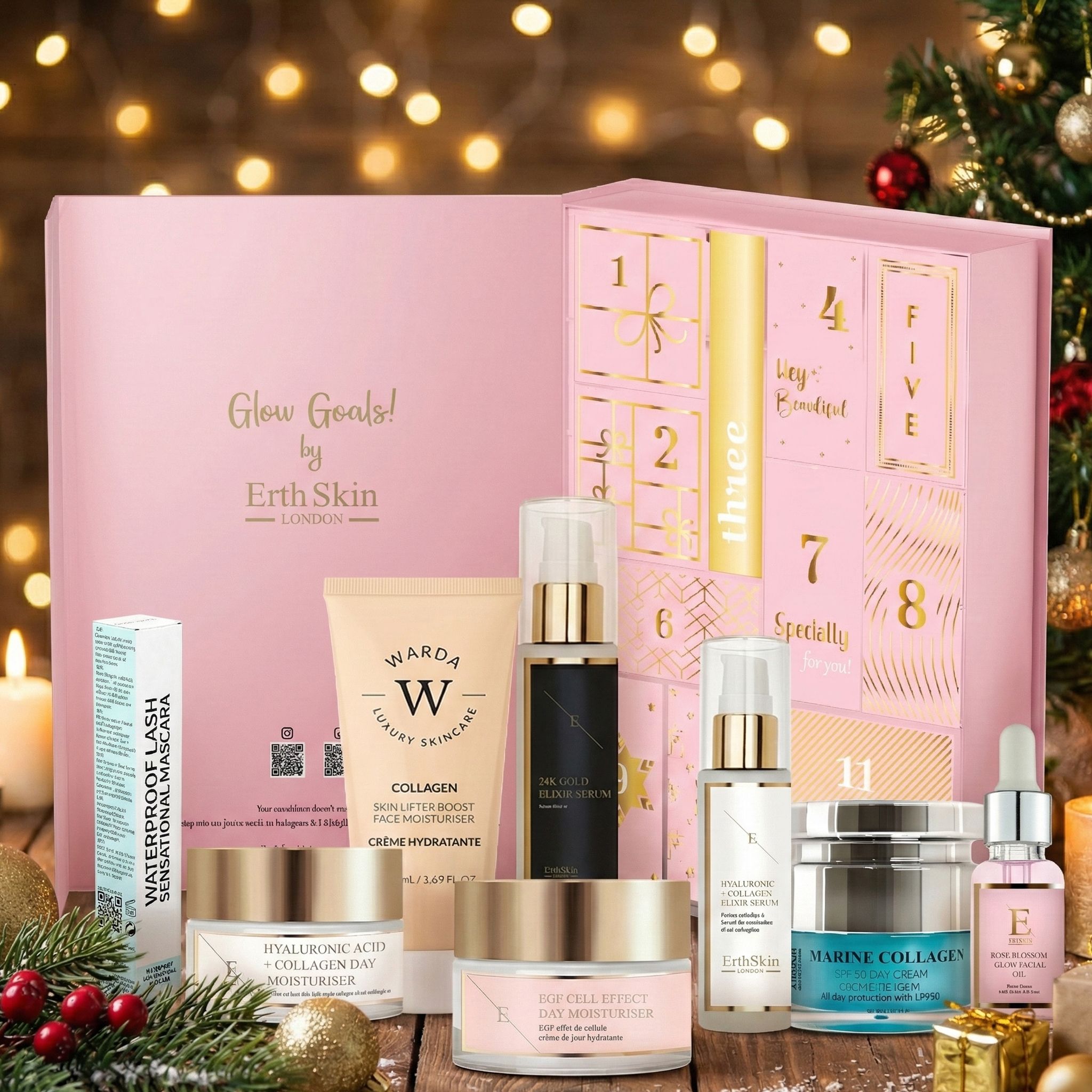 Open roze adventskalenderdoos met huidverzorgingsproducten en cosmetica, omringd door kerstdecoratie.