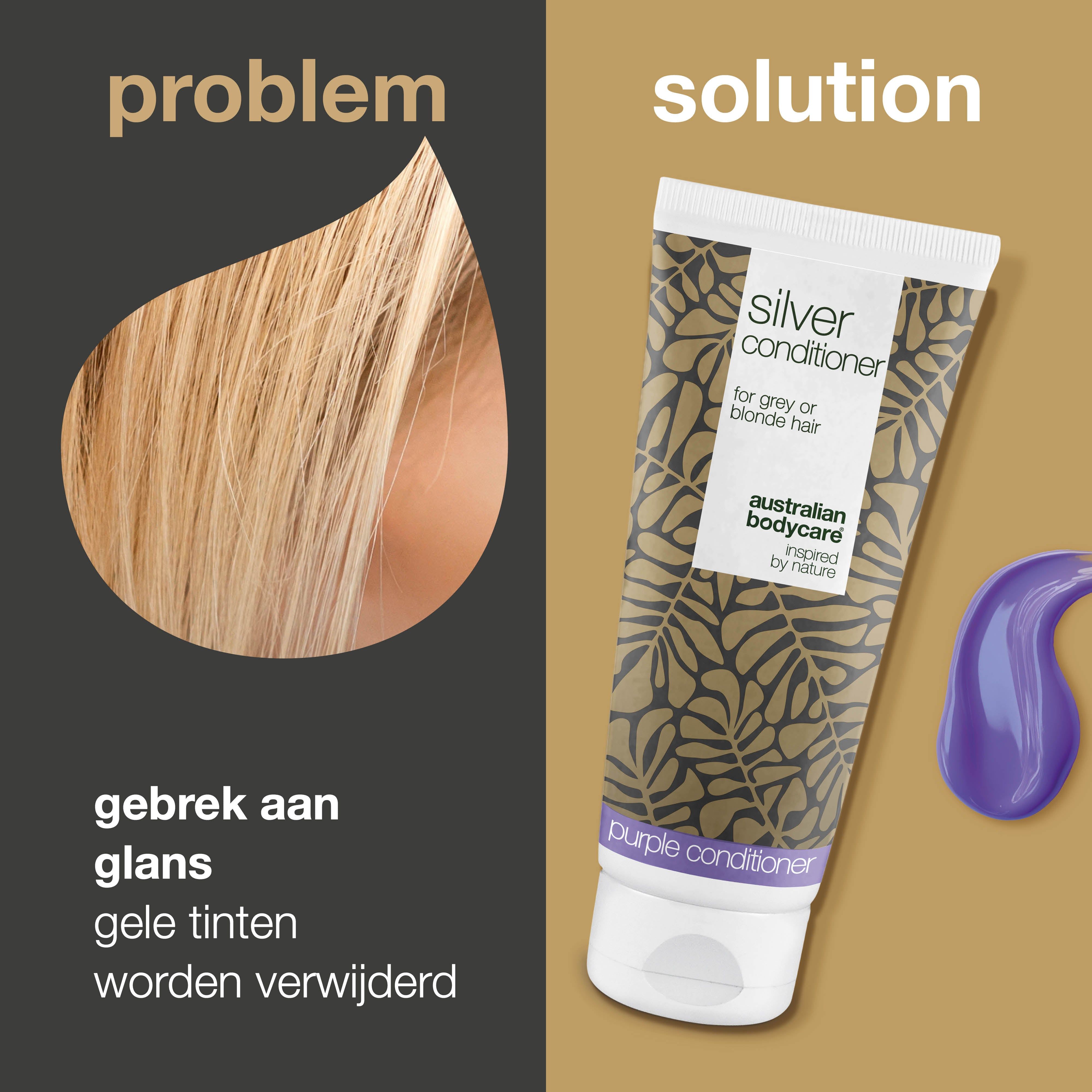 Haarlok en tube zilveren conditioner. Verwijdert gele tinten. Merk: Australian Bodycare.