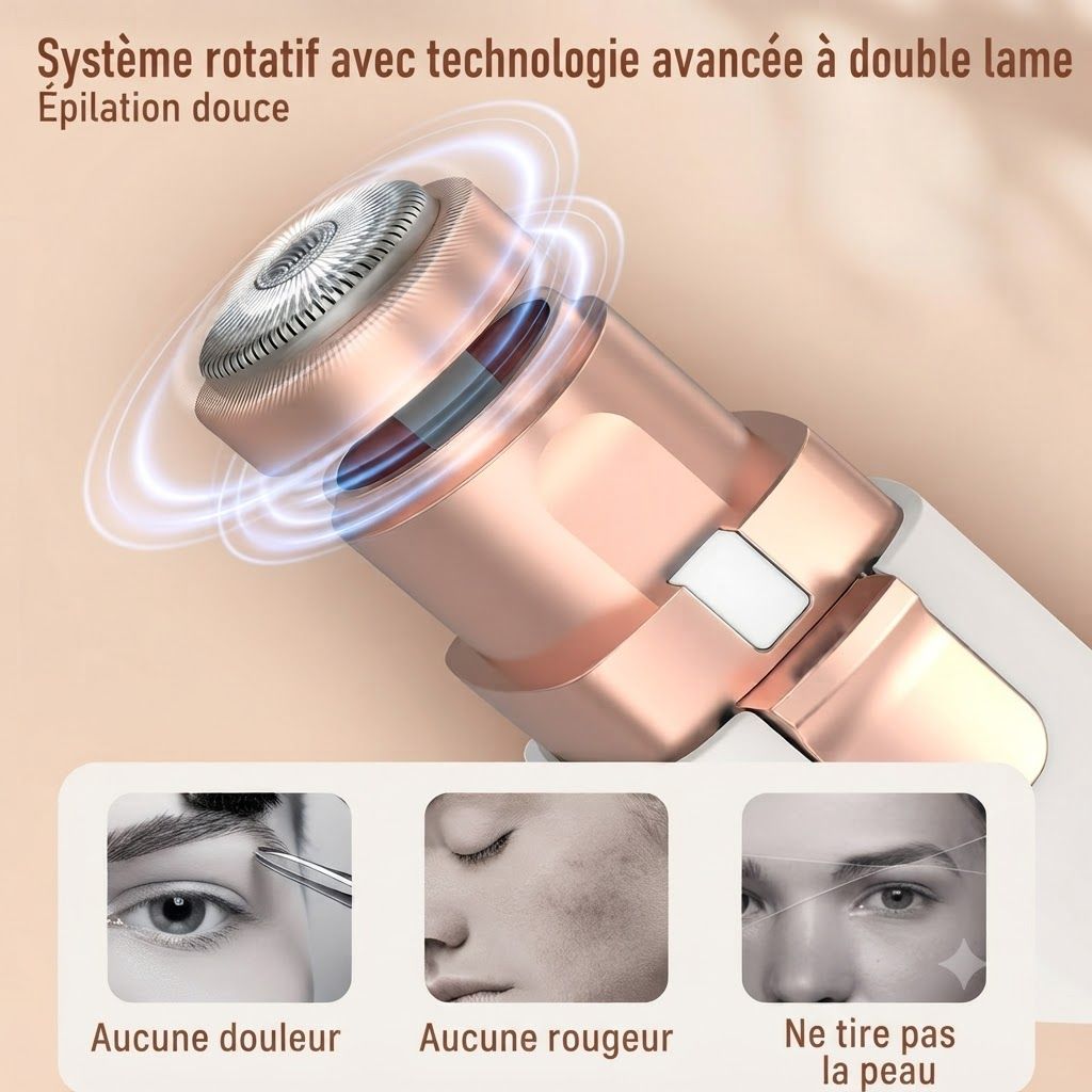 Épilateur électrique avec technologie avancée à double lame, or rose et blanc.
