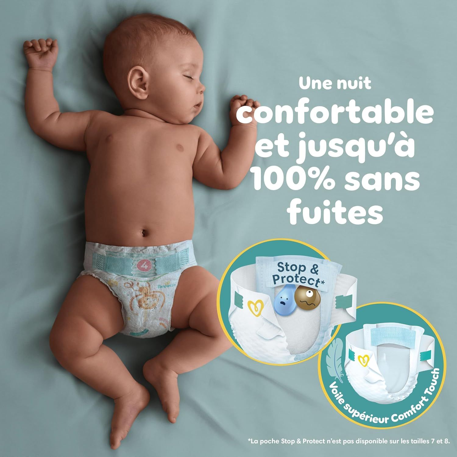 Bébé dort, porte une couche Pampers Baby-Dry. "Une nuit confortable et jusqu'à 100% sans fuites".