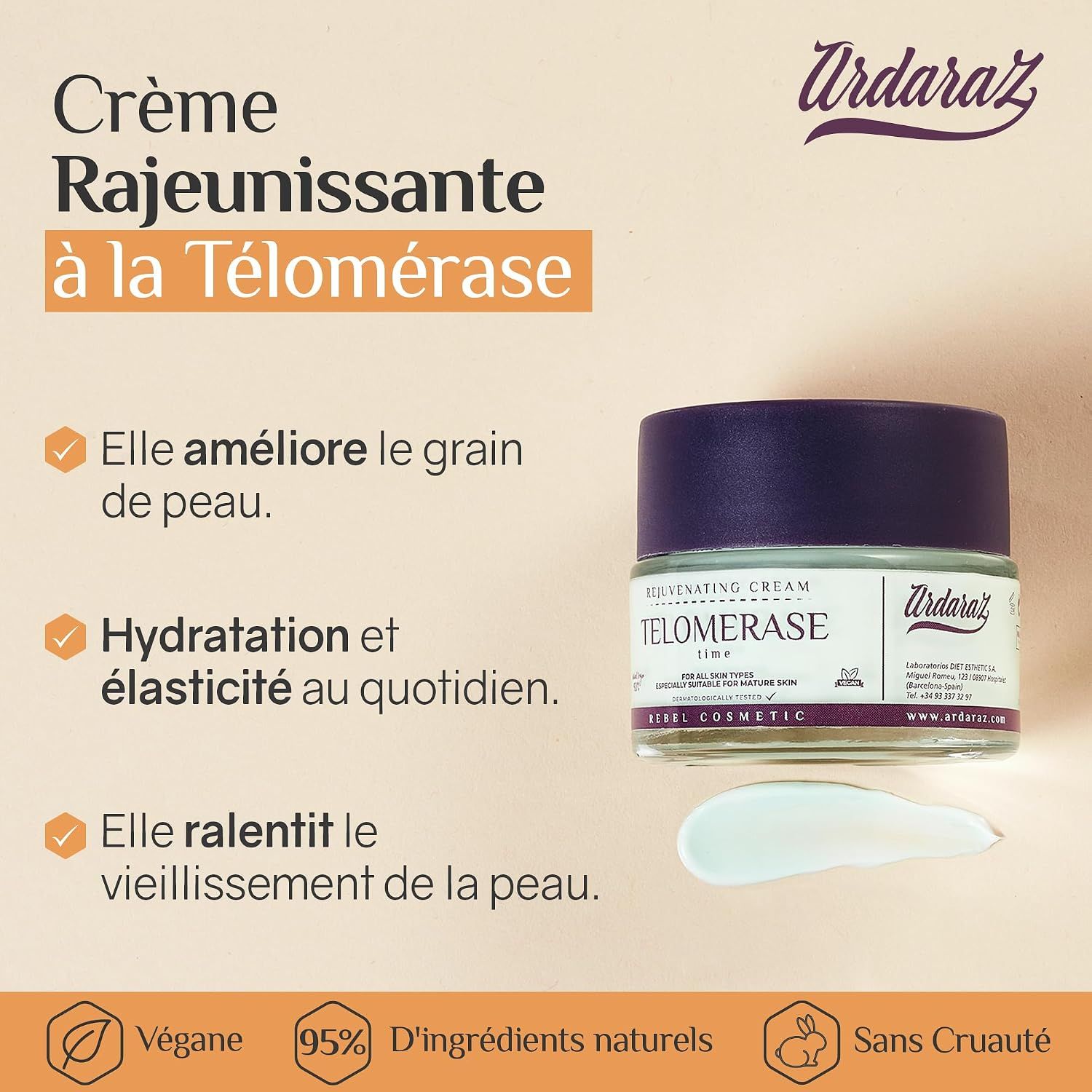 Crème Ardaraz Telomerase : avantages et ingrédients.