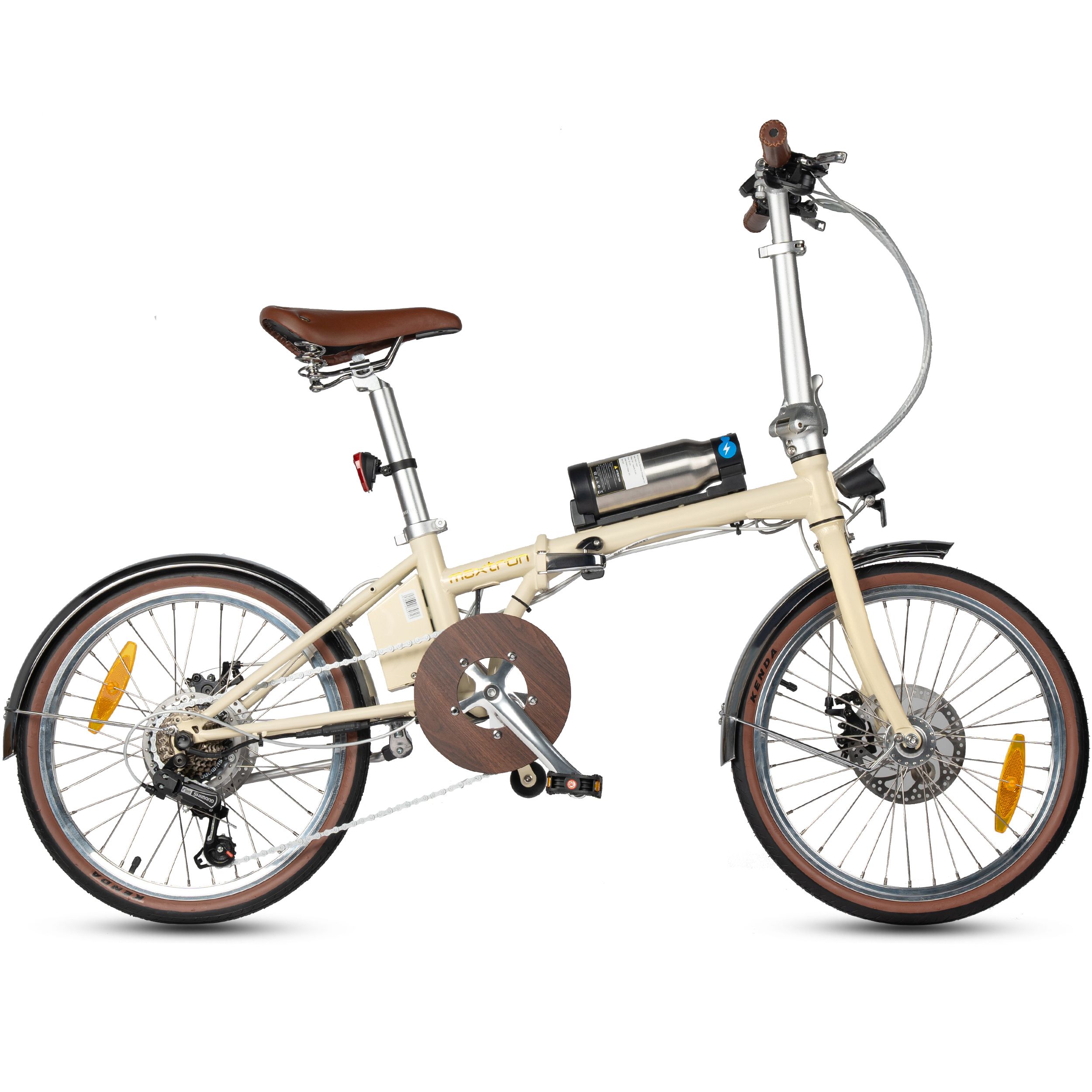 Beige elektrische fiets met bruine banden en zadel. Zichtbaar: motor, accu, spatborden, remmen. Opschrift: Maxtron.