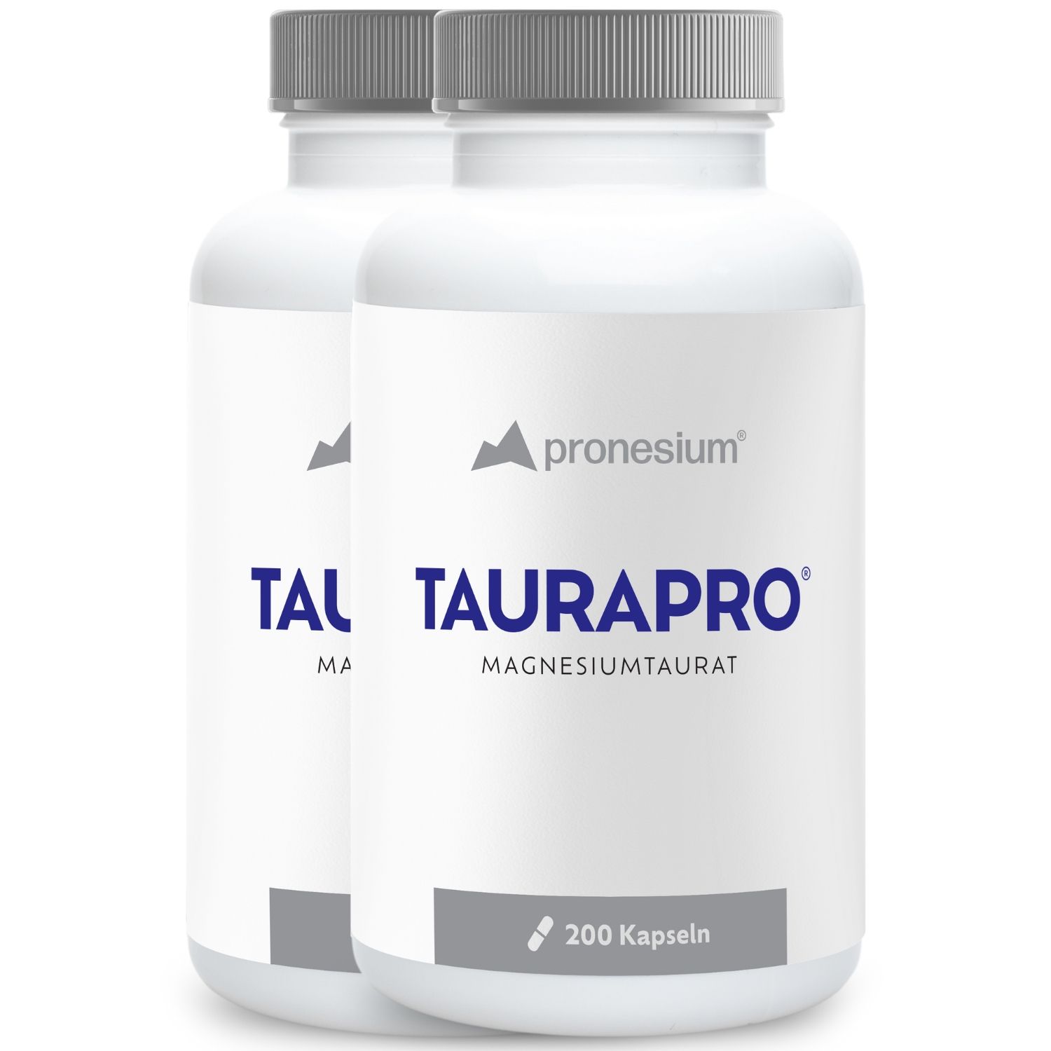 Twee witte flessen met grijze doppen. Opschrift: TAURAPRO, Magnesiumtaurat. 200 capsules.