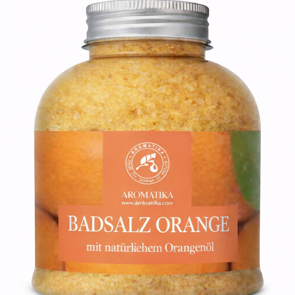 AROMATIKA Badzout Oranje met natuurlijke sinaasappelolie in een doorzichtige fles.