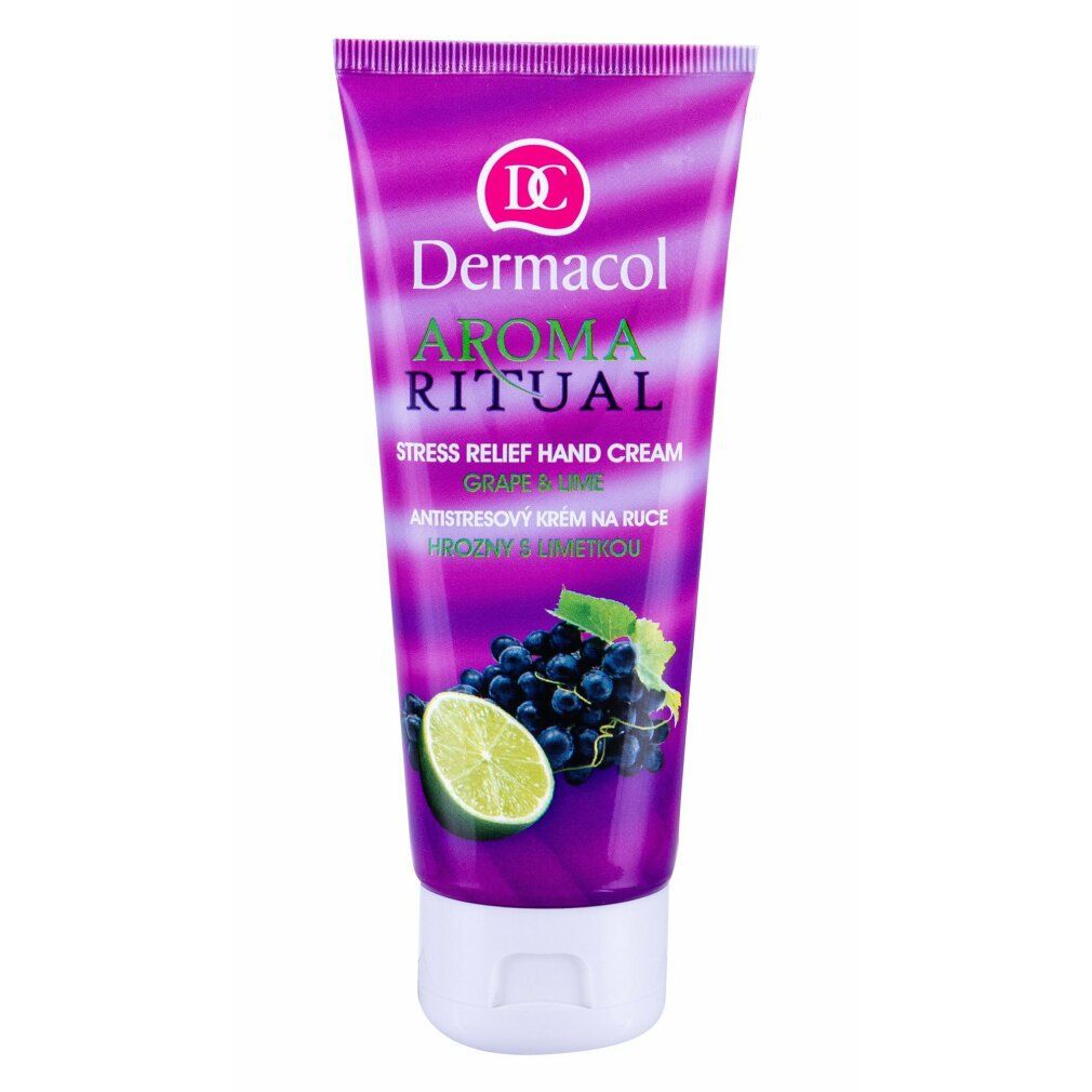 Paarse tube handcrème. Dermacol Aroma Ritual. Druif-Limoen. Afbeelding van druiven en limoen.
