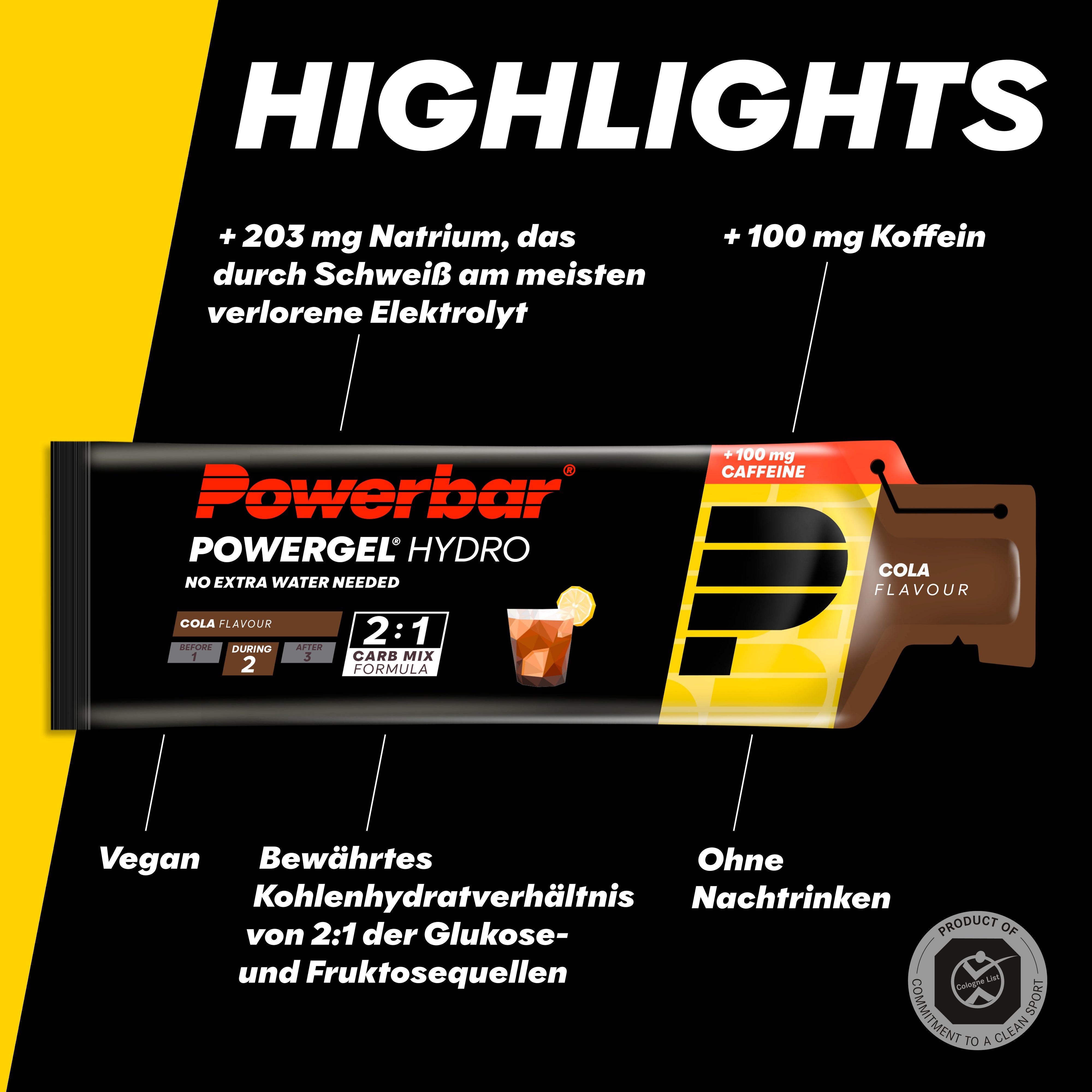 PowerBar PowerGel Hydro Cola, bruine gelverpakking. Bevat cafeïne. Opschriften: 2:1 Carb Mix Formula. Extra informatie: Vegan.