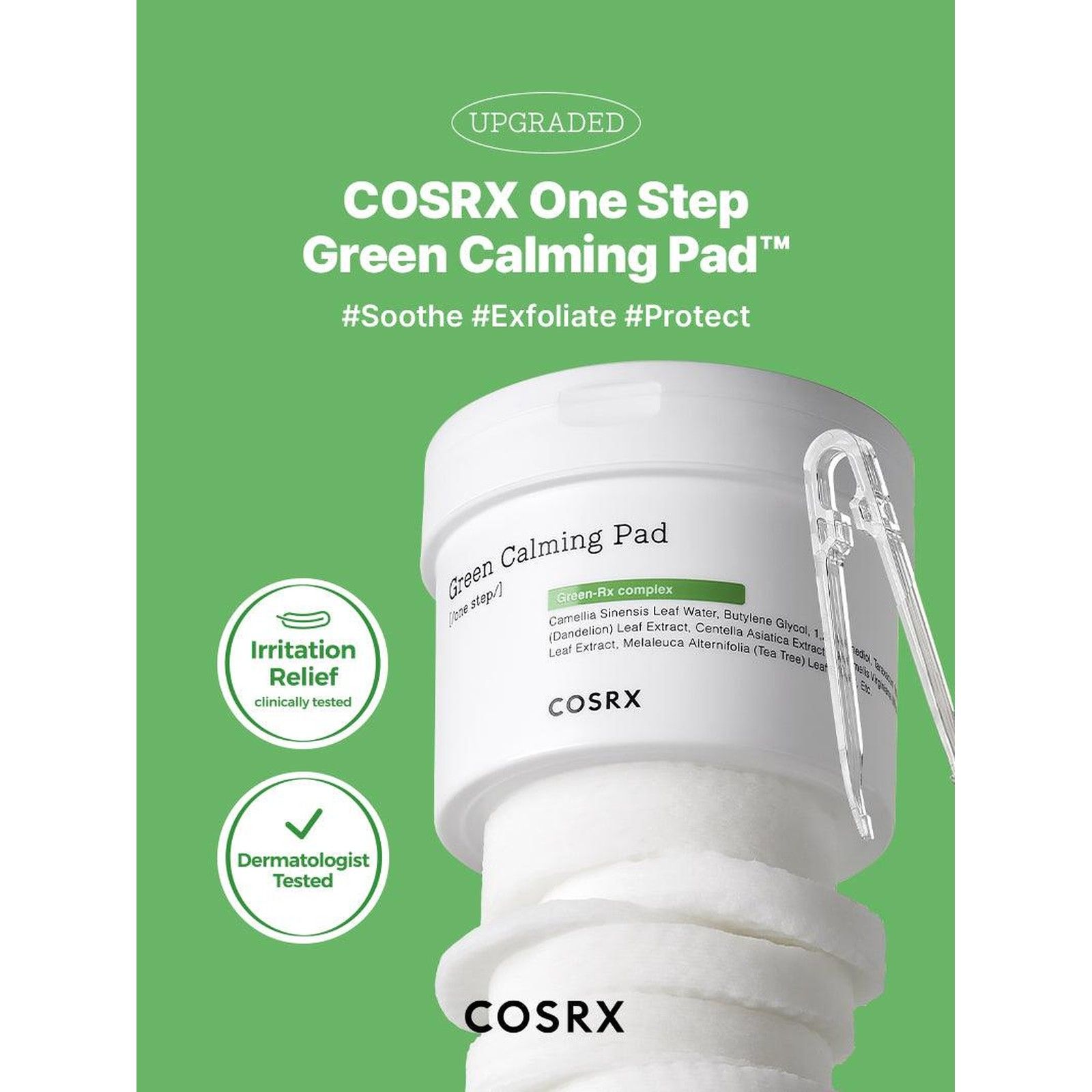 COSRX One Step Green Hero Calming Pad : Pot avec des tampons empilés et une pince. "Upgraded" et "Irritation Relief" mis en avant.
