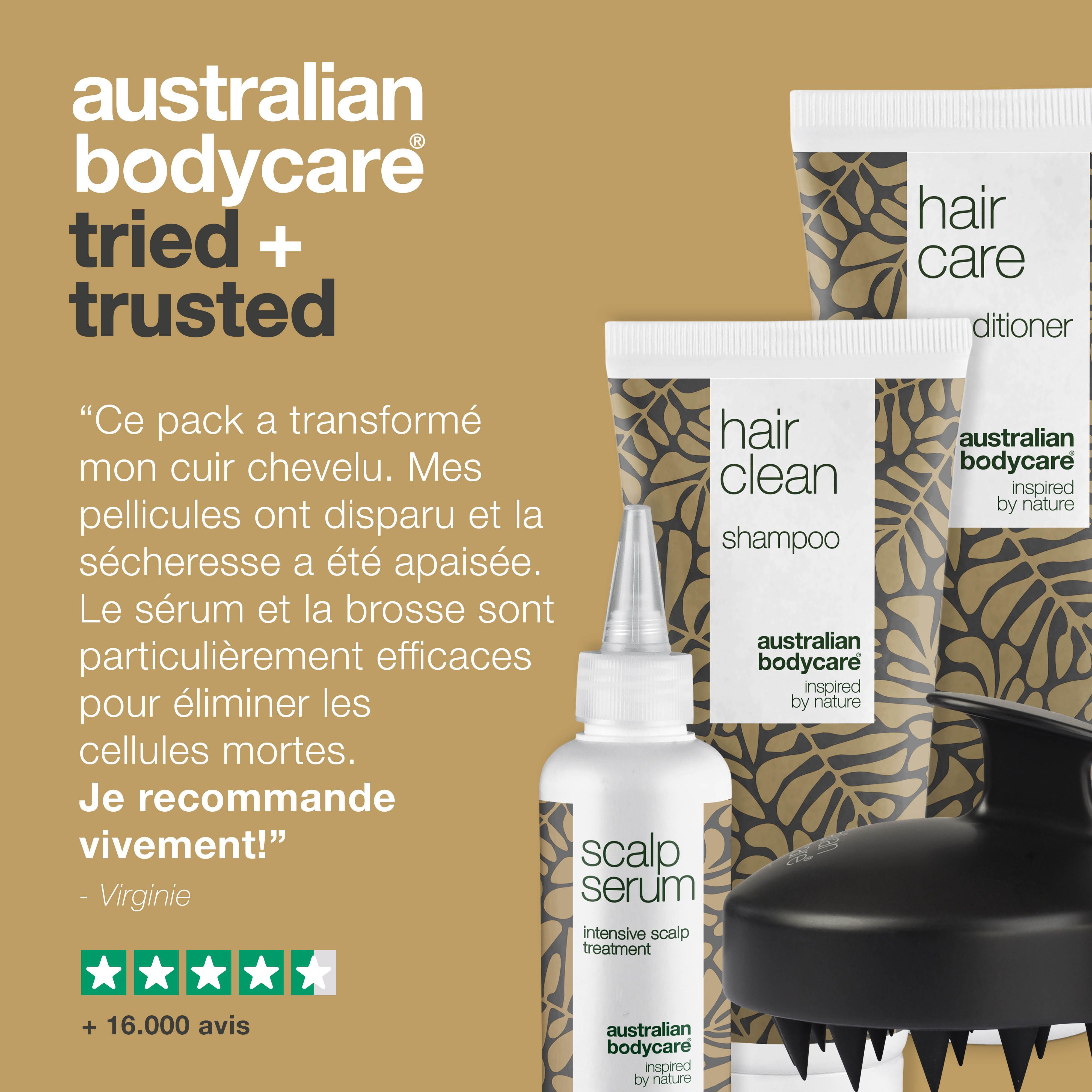 Ensemble de produits avec shampooing, après-shampooing, sérum et brosse cuir chevelu. Citations et avis.