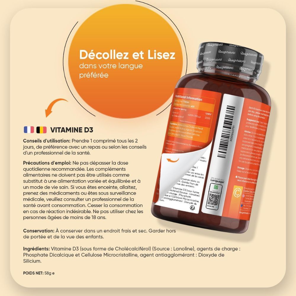Flacon de vitamine D3. Texte : Conseils d'utilisation. Ingrédients. Poids : 58g.