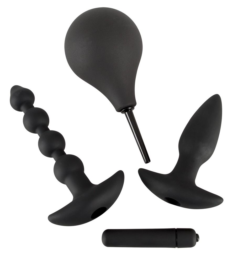 Kit anal : douche, plug à perles, plug et vibro bullet en silicone noir.