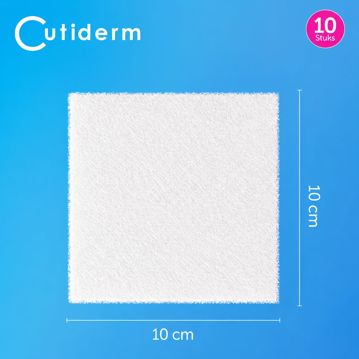 Een wit, vierkant kussen van 10x10 cm met de tekst "Cutiderm" en "10 Stück".