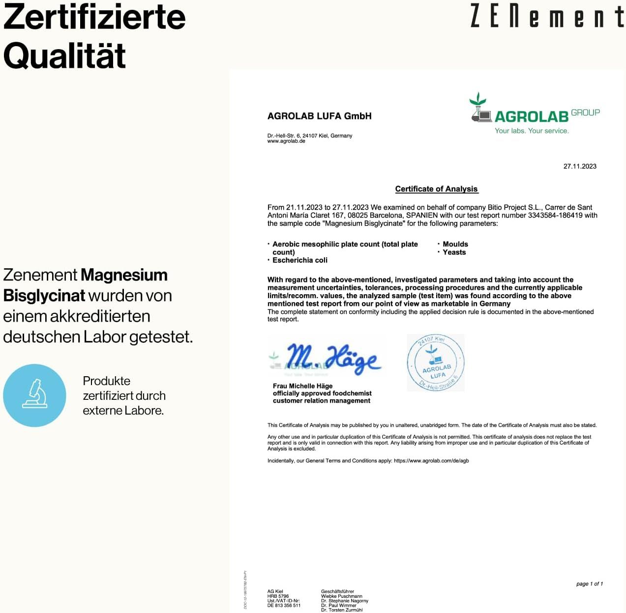 Document de certification d'AGROLAB LUFA GmbH. Texte : Le magnésium bisglycinate Zenement a été testé par un laboratoire allemand accrédité.