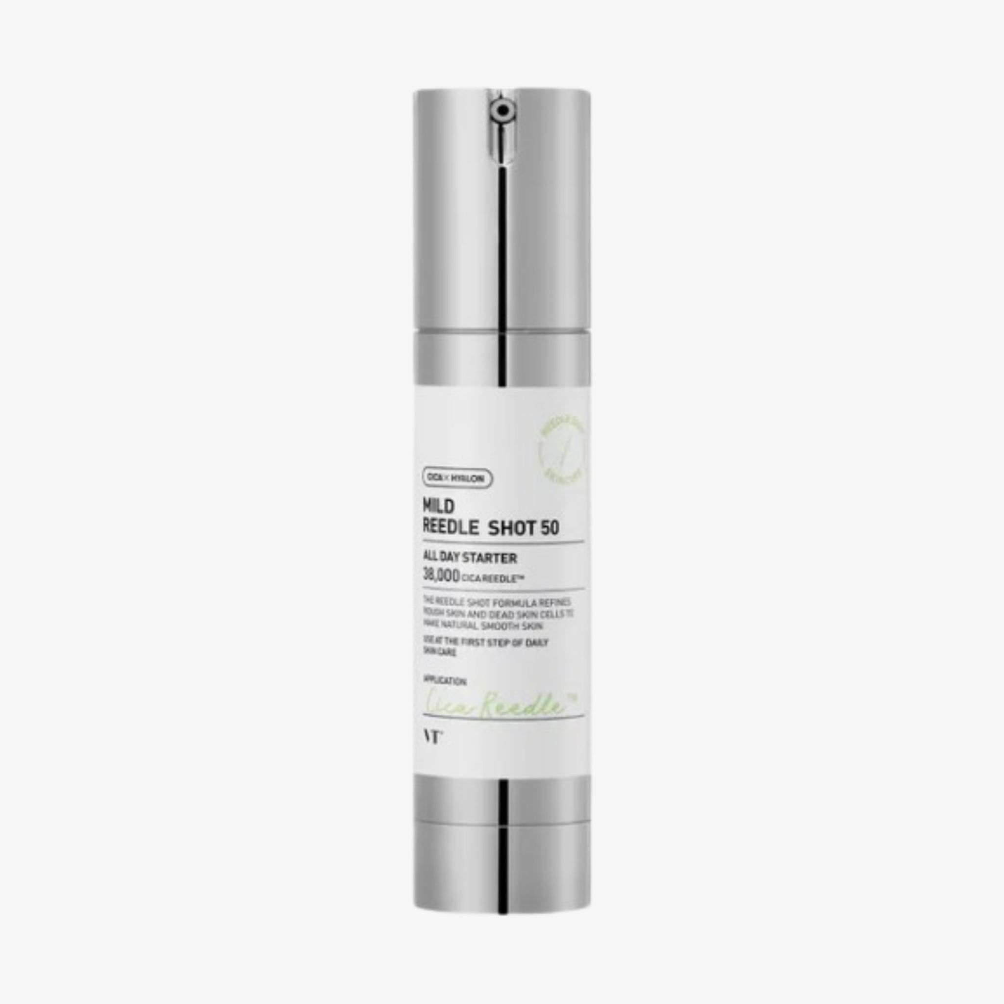 VT Cosmetics Reedle Shot 50 dispenser met zilveren pomp en wit etiket.