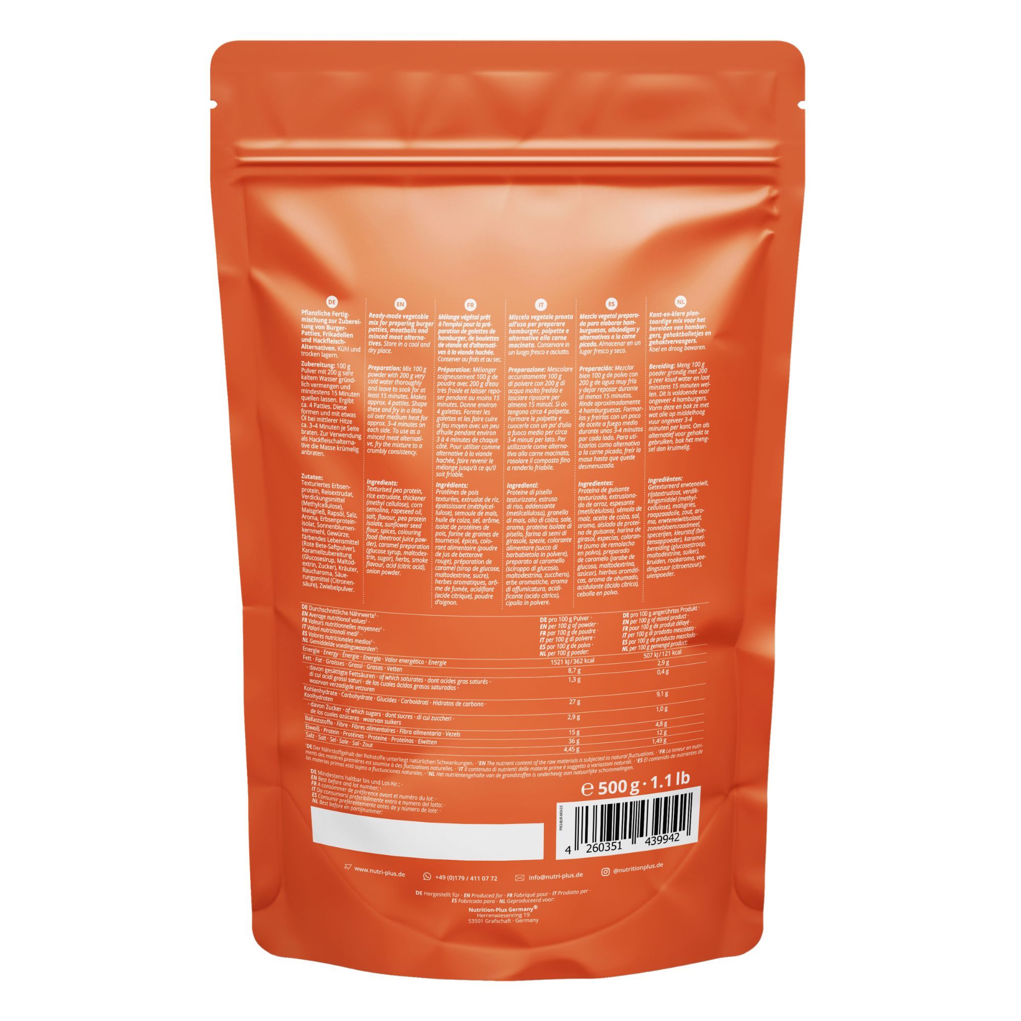 Achterkant van de verpakking. Tekst: voedingswaarde, ingrediëntenlijst, fabrikantinfo. Oranje achtergrond.