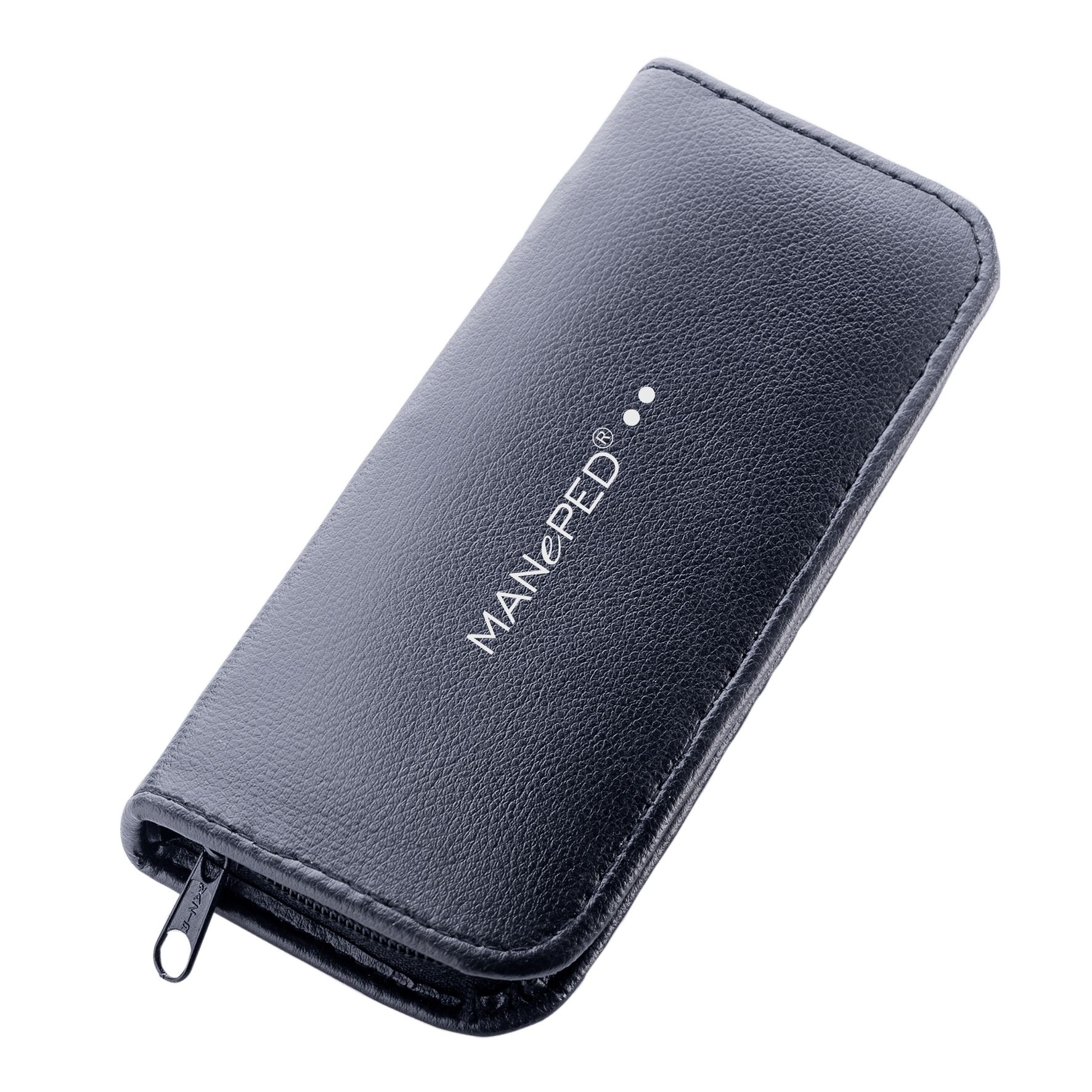 Étui noir fermé avec fermeture éclair. Nom de marque MANePED imprimé. Points blancs.