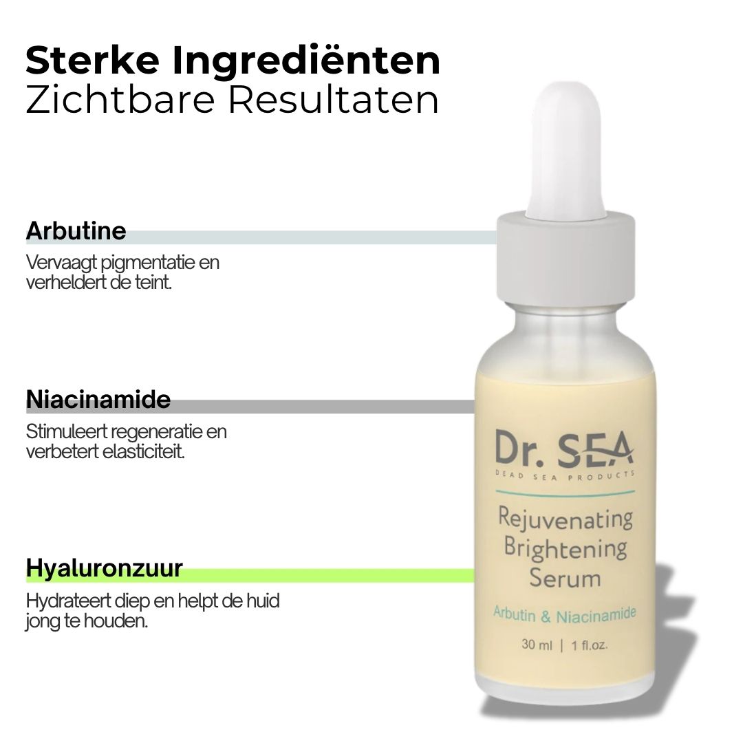 Serumfles met tekst. Tekst: Dr. SEA, Rejuvenating Brightening Serum, Arbutin & Niacinamide. Met infographic.