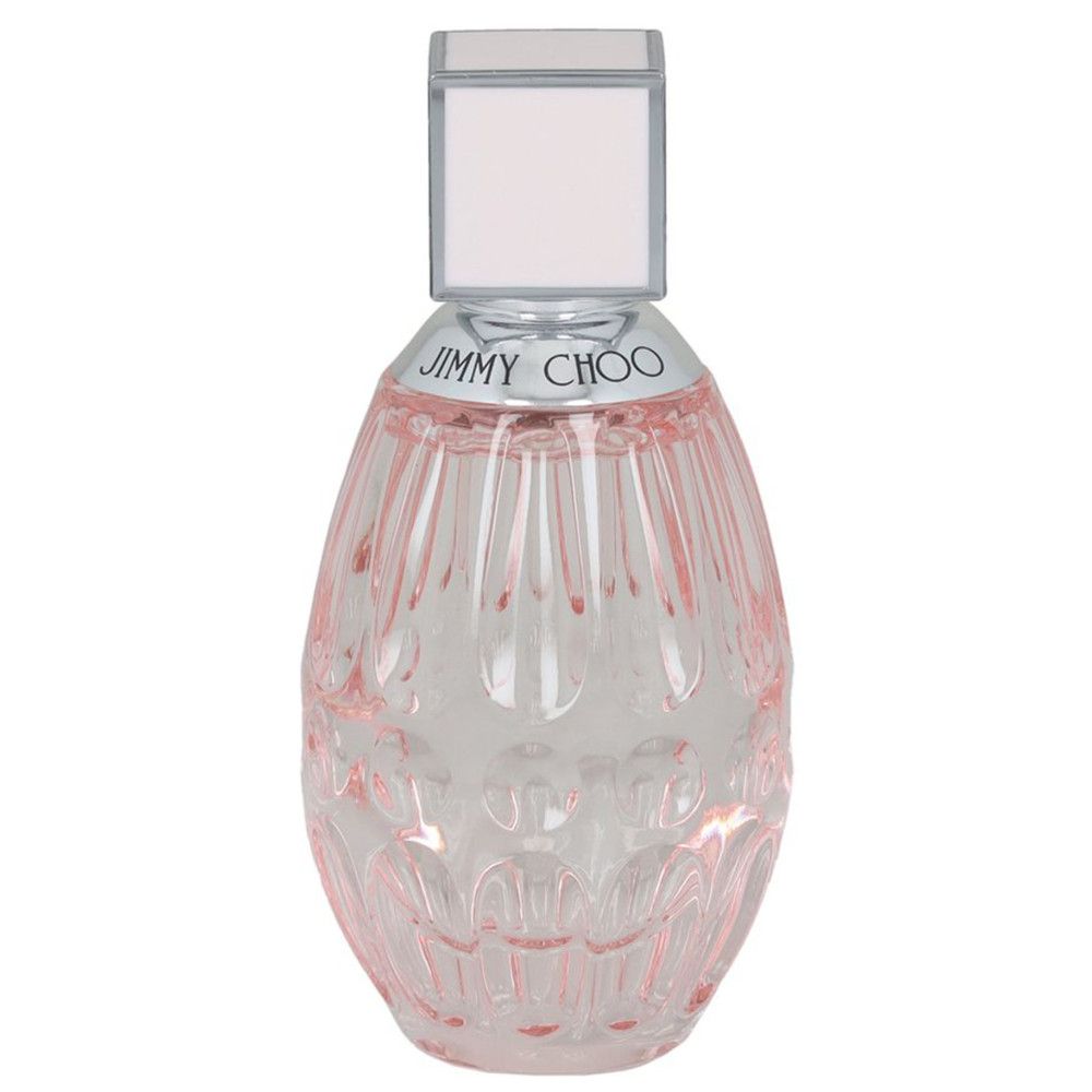 Flacon en verre rose, col argenté, bouchon carré. Inscription: JIMMY CHOO.