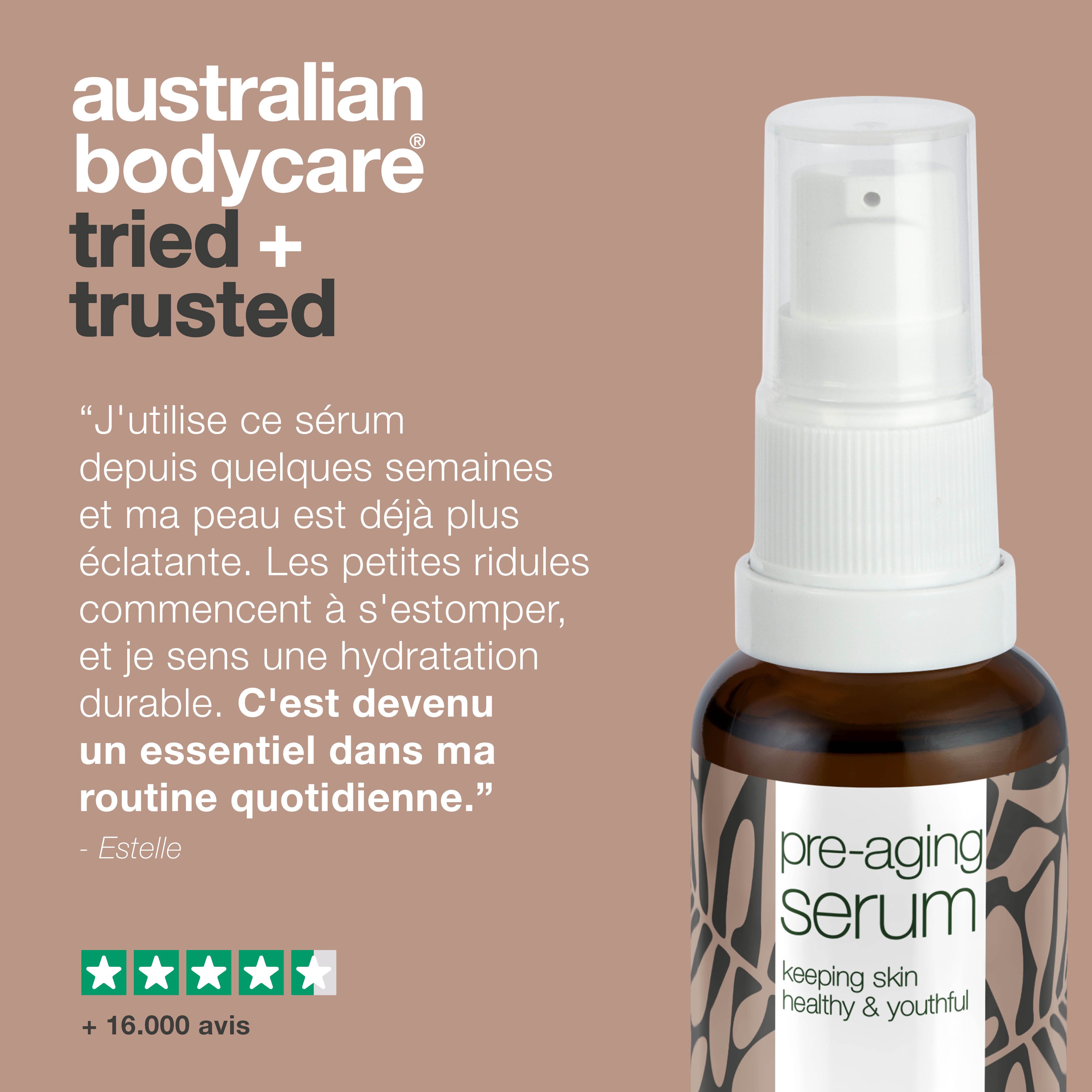 Flacon de sérum. Texte : réduit les rides, hydrate, pénètre rapidement, pour les soins quotidiens.