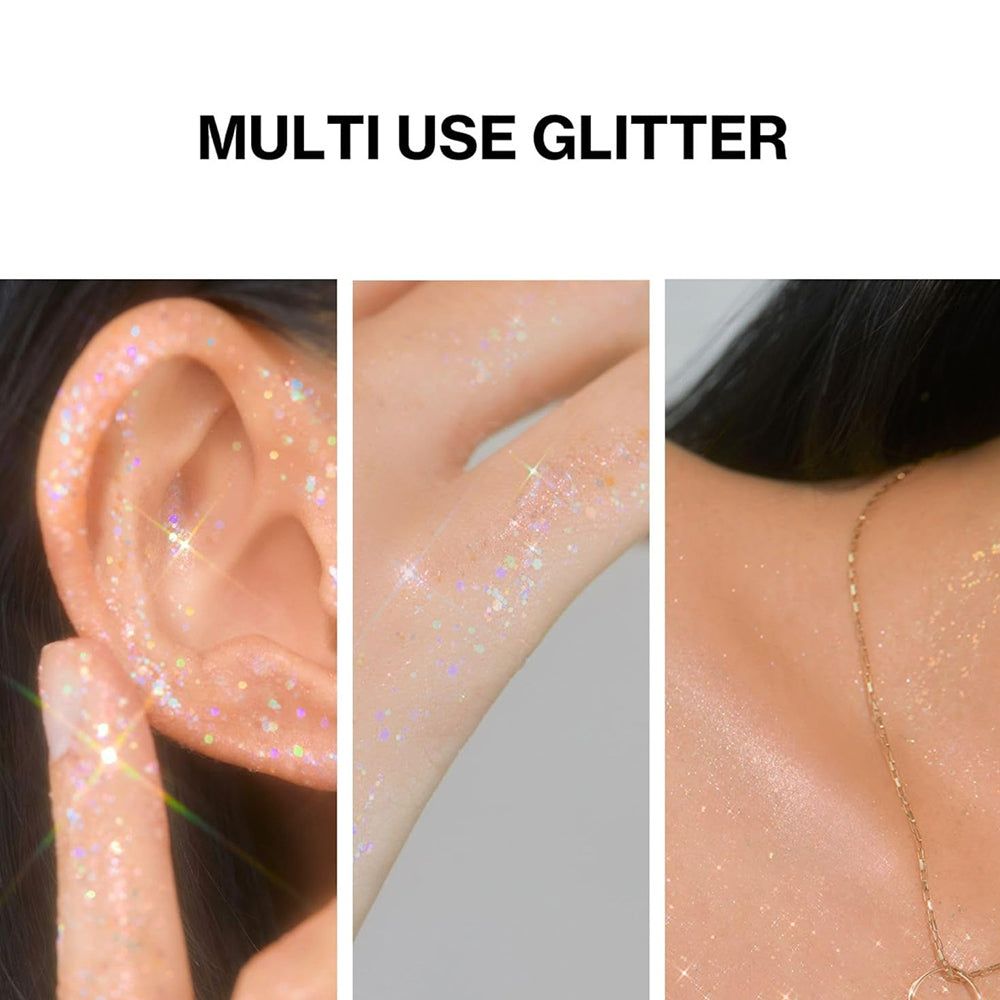 Paillettes sur oreille, main et épaule. Texte: Multi Use Glitter.
