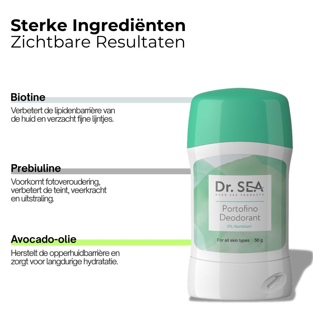 Deodorantstick met tekst en bladeren. Tekst: Natuurlijk & fris, Aluminiumvrij. Voordelen: neutraliseert geuren, geen resten.