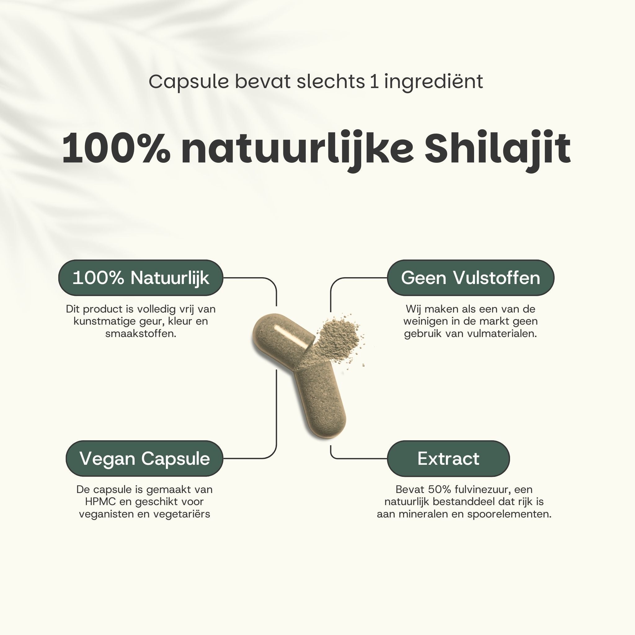 Capsule met inhoud, tekst: 100% natuurlijke Shilajit, 100% natuurlijk, geen vulstoffen, vegan capsule, extract.