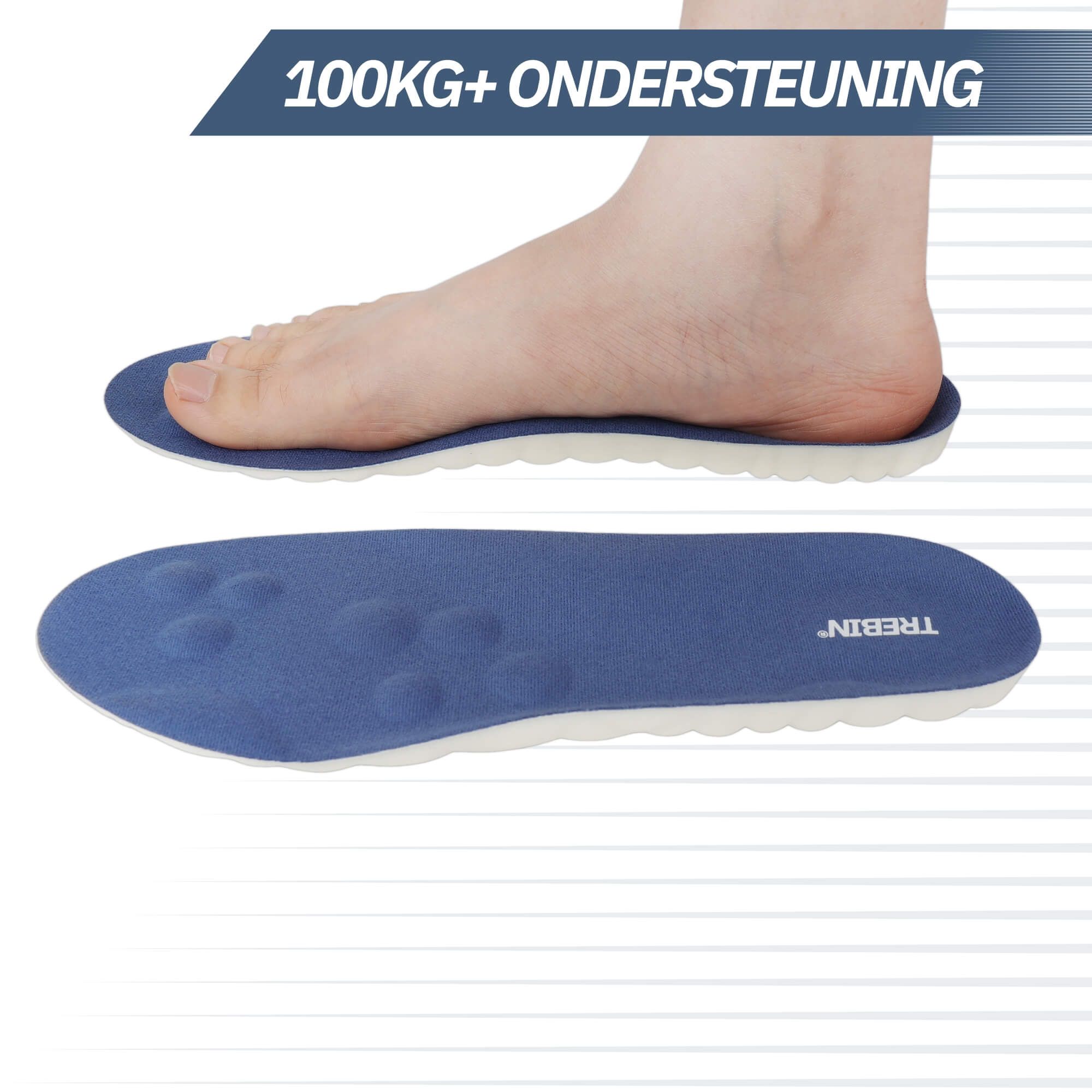 Semelle intérieure bleue avec empreinte de pied et texte 'SUPPORT 100KG+'.