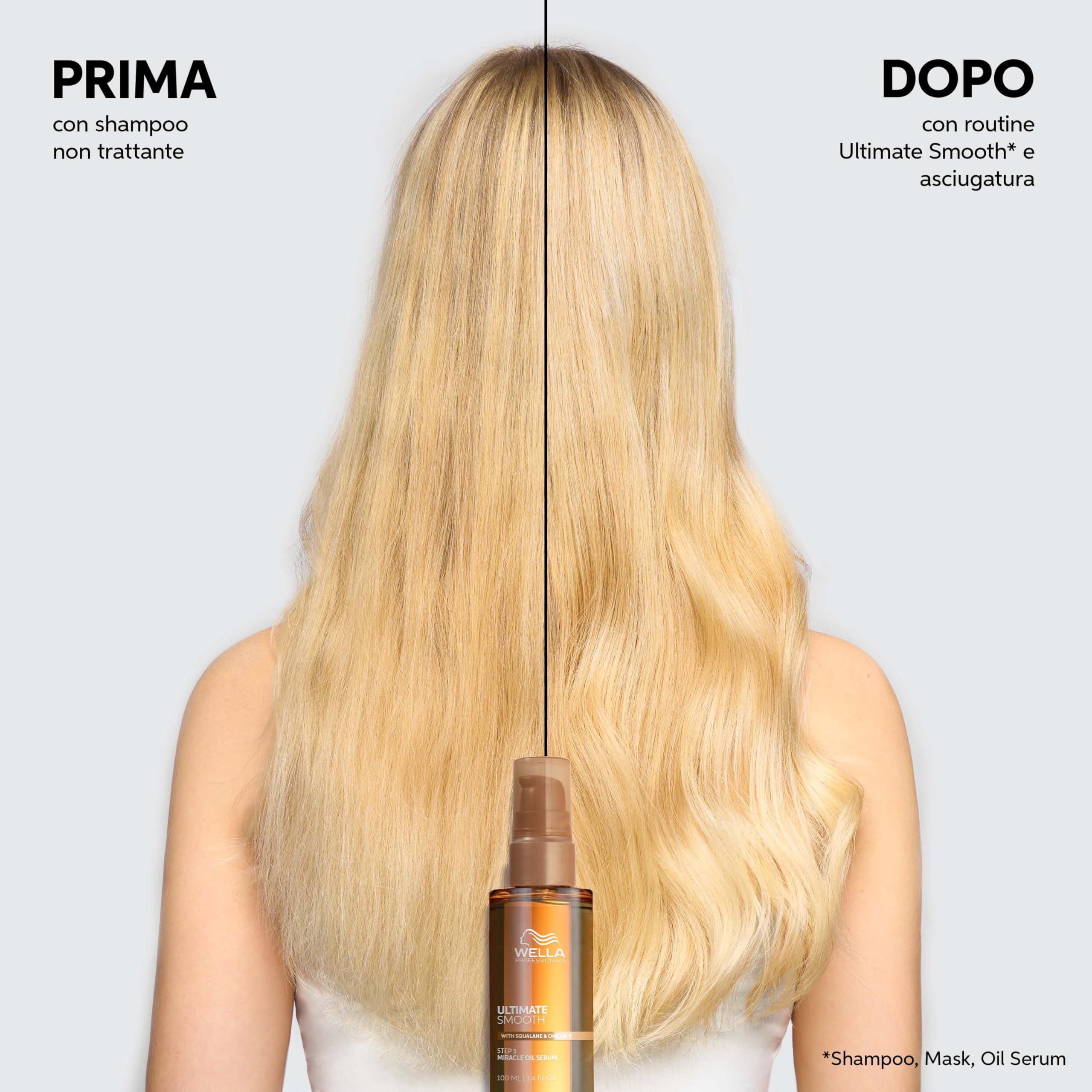 Comparaison des cheveux avant et après. En bas : flacon de produit. Texte : Ultimate Smooth. Marque : Wella Professionals.