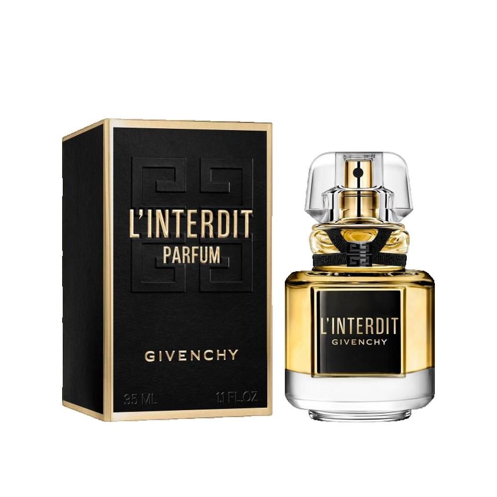 Parfumflesje en zwarte verpakking. Gouden flesje, zwart etiket met opschrift L'Interdit en Givenchy.