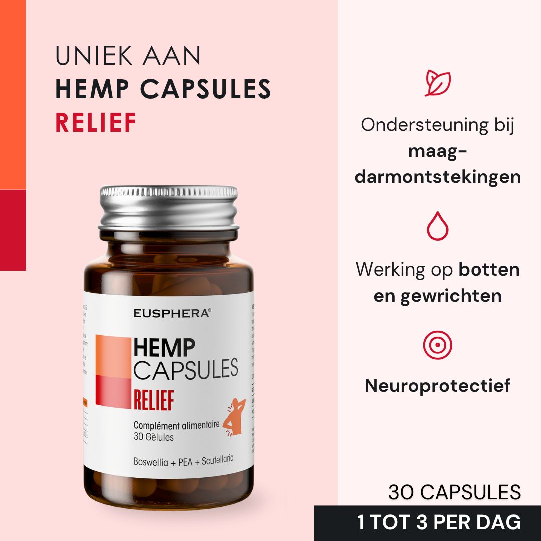 Fles HEMP CAPSULES RELIEF. 30 capsules. 1 tot 3 per dag. Ondersteunt gastro-intestinale ontstekingen.