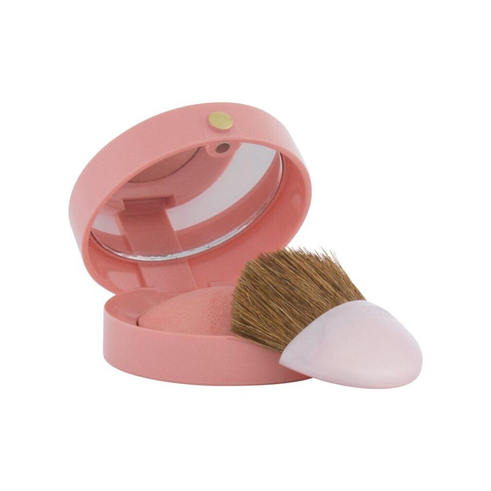 Roze verpakking, open. Spiegel, borstel en blush. Op witte achtergrond.